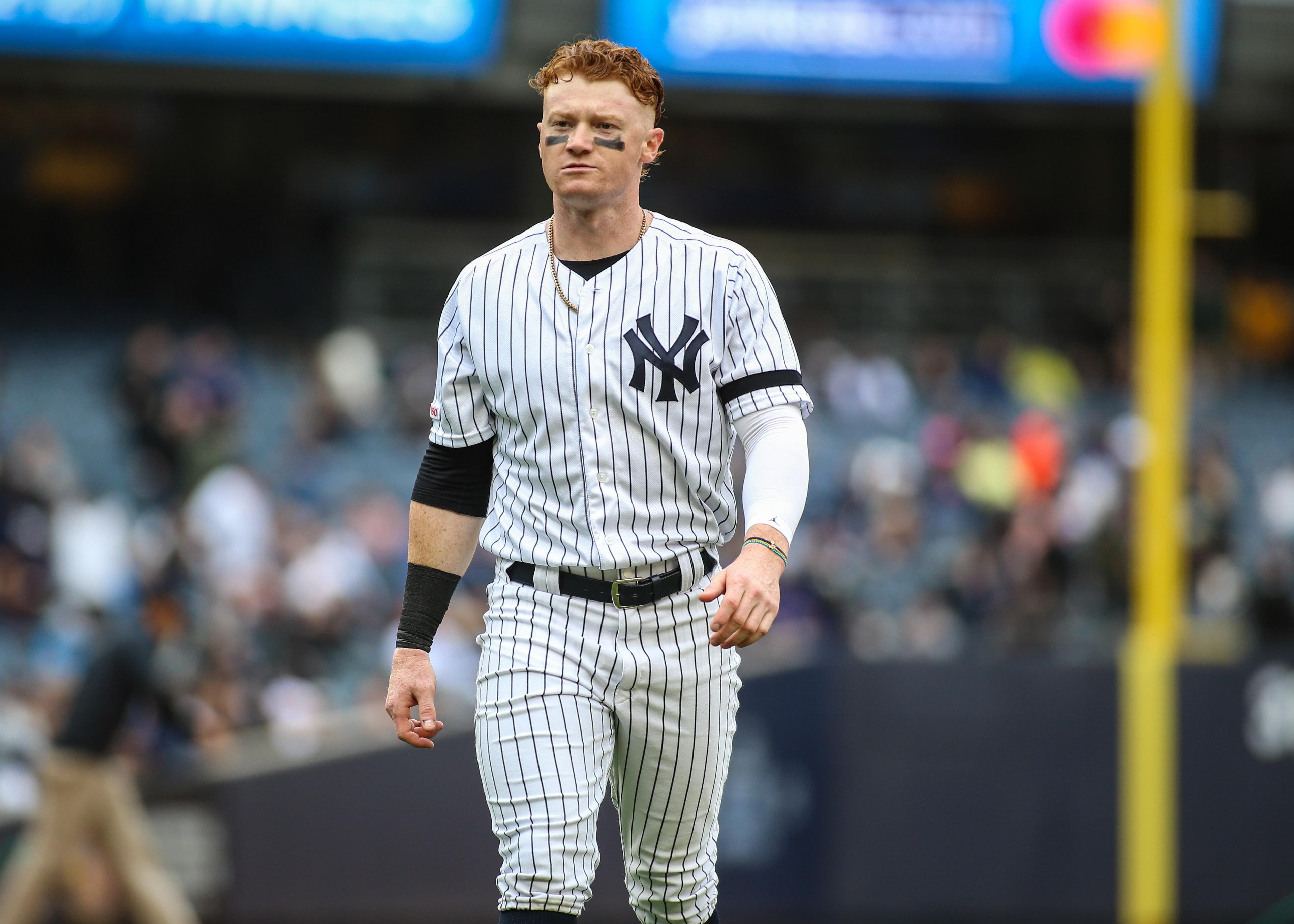 Apr 20, 2019; Bronx, NY, USA; New York Yankees right fielder Clint Frazier (77) at Yankee Stadium. Mandatory Credit: Wendell Cruz-USA TODAY Sports / Wendell Cruz