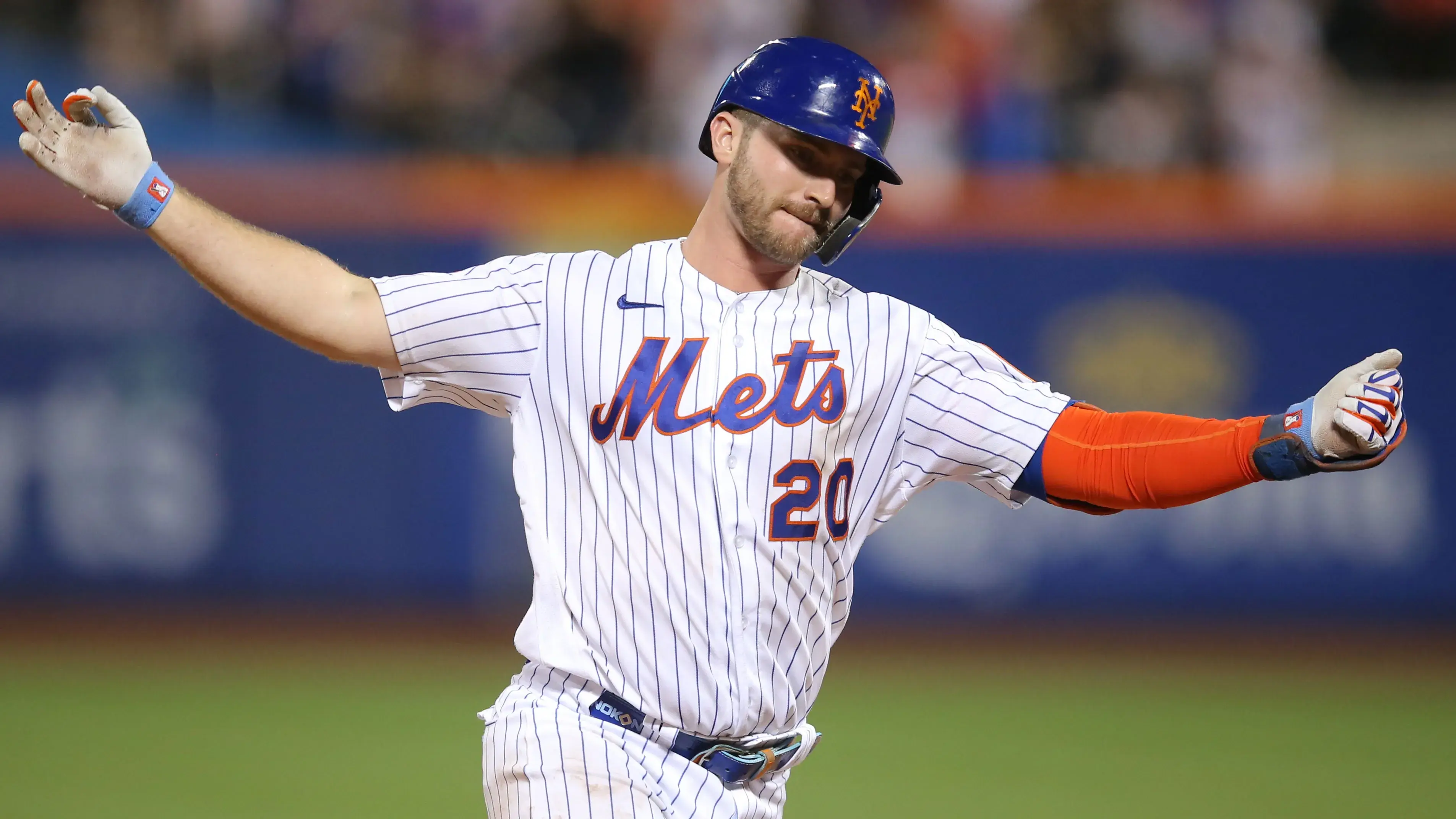 Jul 9, 2021; New York City, New York, USA; New York Mets first baseman Pete Alonso (20) reacts as he rounds the bases after hitting a three-run home run against the Pittsburgh Pirates during the sixth inning at Citi Field. / Brad Penner-USA TODAY Sports