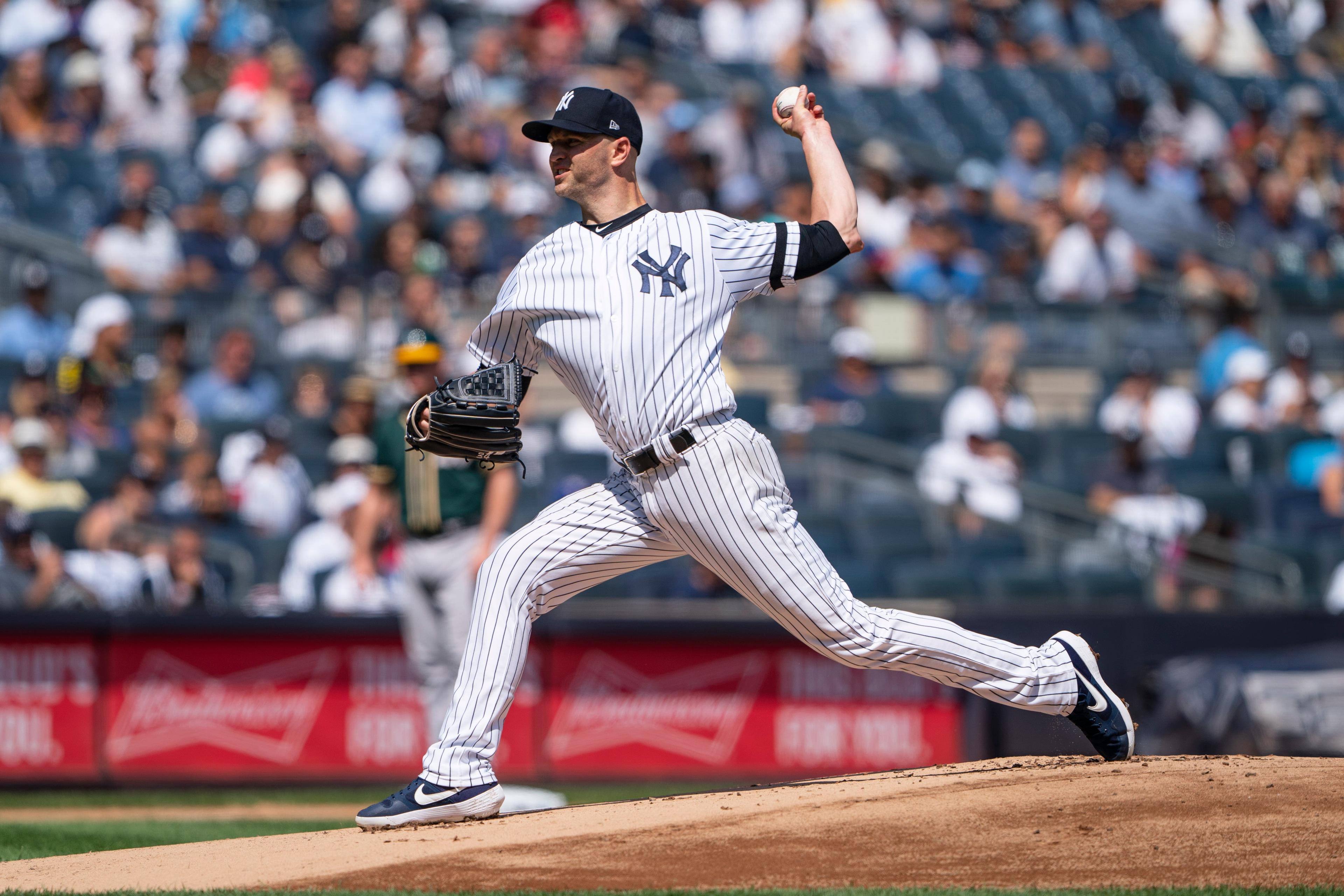 Sep 1, 2019; Bronx, NY, USA; New York Yankees pitcher J.A. Happ (34) delivers a pitch against the Oakland Athletics during the first inning at Yankee Stadium. Mandatory Credit: Gregory J. Fisher-USA TODAY Sports / Gregory Fisher