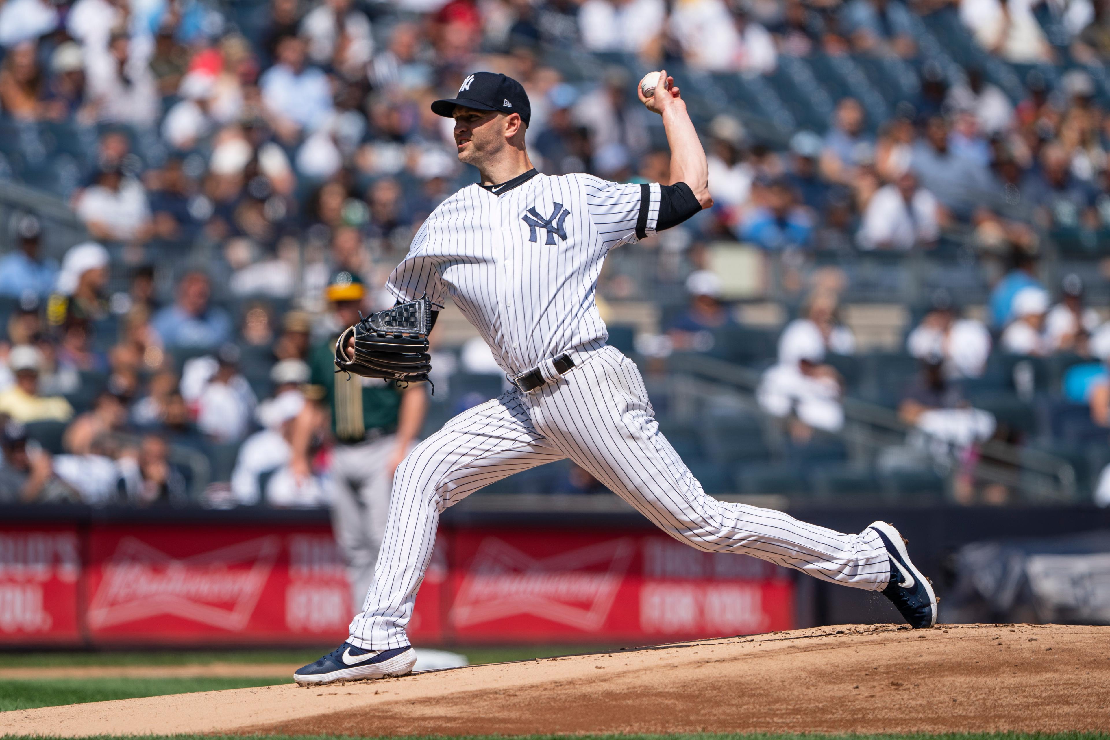 Sep 1, 2019; Bronx, NY, USA; New York Yankees pitcher J.A. Happ (34) delivers a pitch against the Oakland Athletics during the first inning at Yankee Stadium. Mandatory Credit: Gregory J. Fisher-USA TODAY Sports