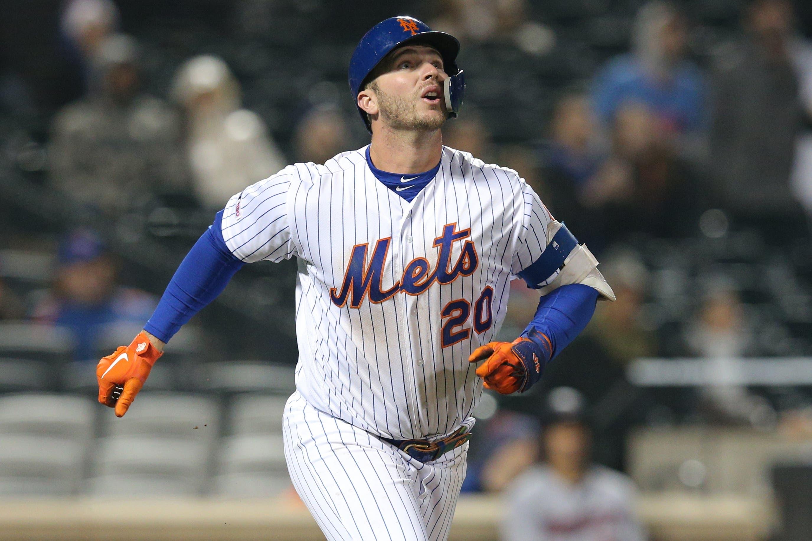 Apr 9, 2019; New York City, NY, USA; New York Mets first baseman Pete Alonso (20) watches the flight of his solo home run against the Minnesota Twins during the seventh inning at Citi Field. Mandatory Credit: Brad Penner-USA TODAY Sports / Brad Penner