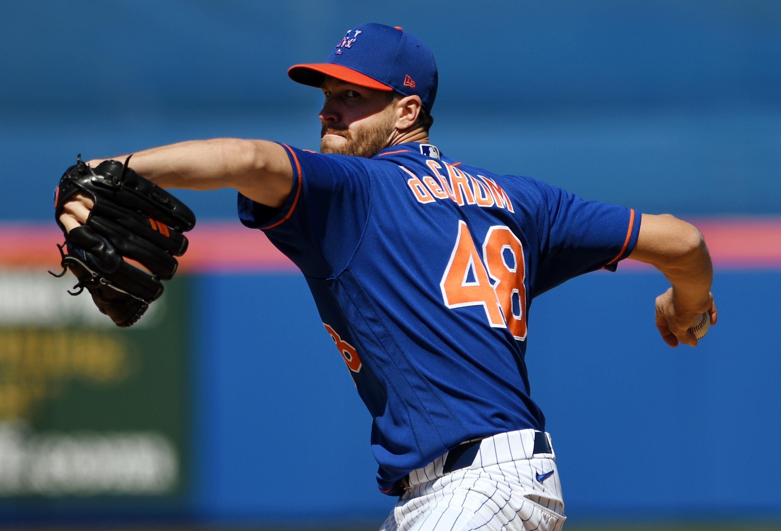 Mar 1, 2020; Port St. Lucie, Florida, USA; New York Mets pitcher Jacob deGrom (48) throws against the Washington Nationals at Clover Park. Mandatory Credit: Jim Rassol-USA TODAY Sports 