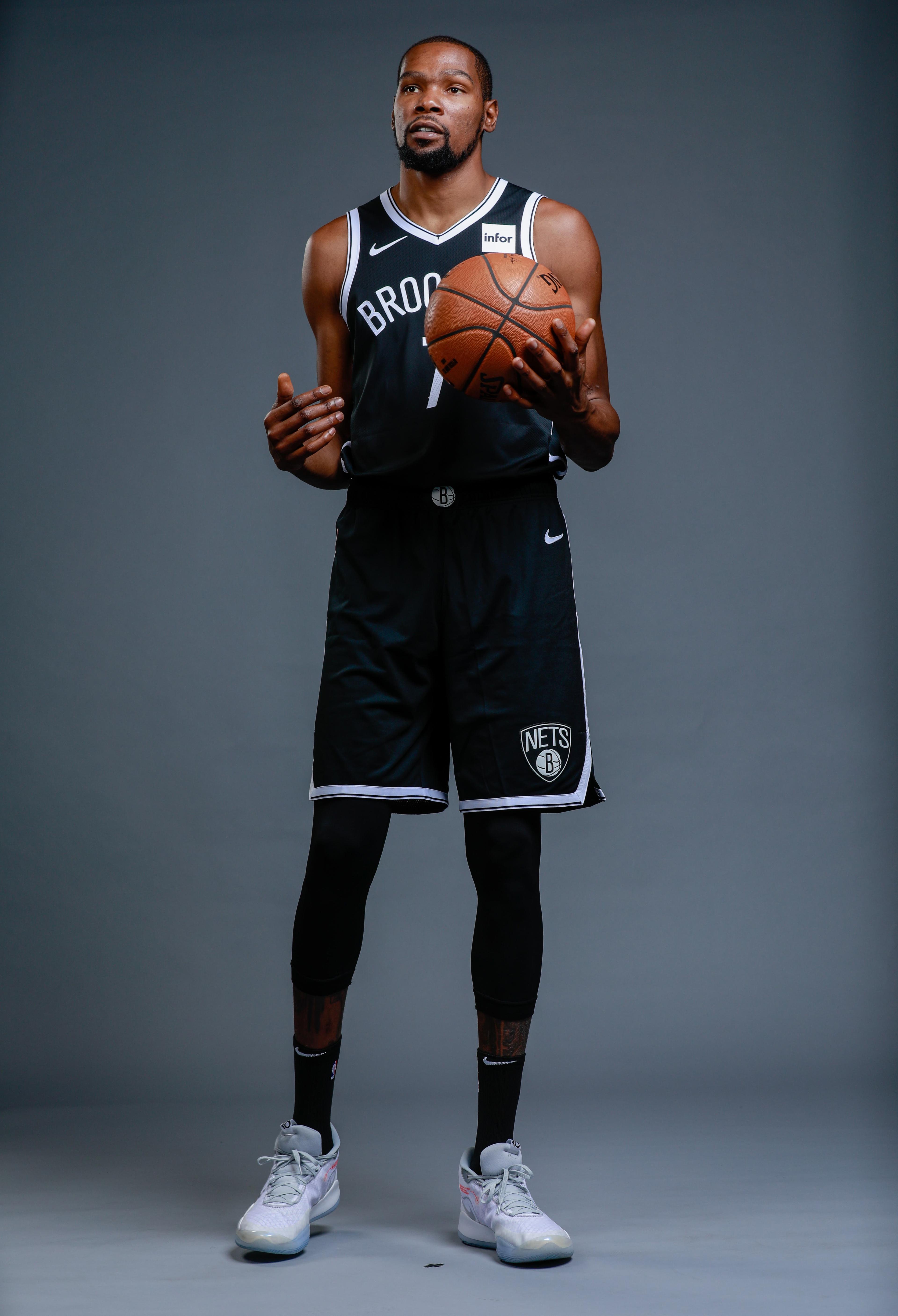 Sep 27, 2019; Brooklyn, NY, USA; Brooklyn Nets forward Kevin Durant (7) poses for a portrait during media day at HSS Training Center. Mandatory Credit: Nicole Sweet-USA TODAY Sports / Nicole Sweet