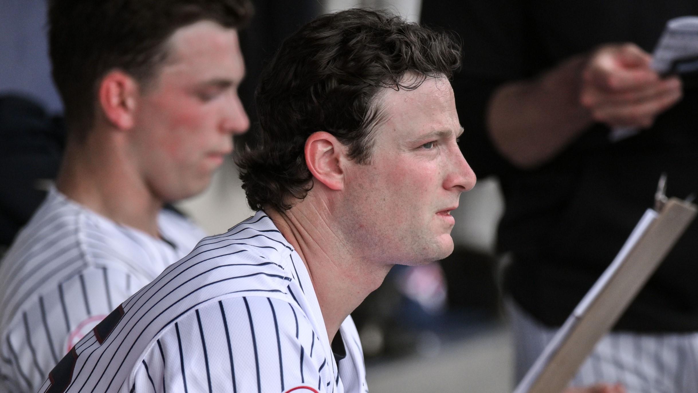 Jun 4, 2024; Bridgewater, NJ, USA; New York Yankees pitcher Gerrit Cole looks on from the dugout during the second inning of a MLB rehab assignment with the Somerset Patriots against the Hartford Yard Goats at TD Bank Ballpark. / John Jones-USA TODAY Sports