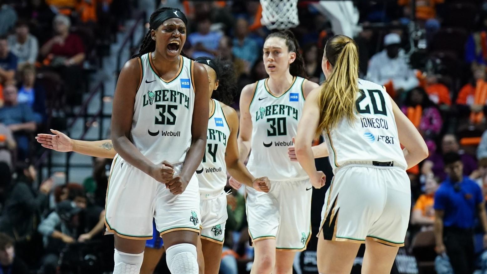 Oct 1, 2023; Uncasville, Connecticut, USA; New York Liberty forward Jonquel Jones (35) reacts after a play against the Connecticut Sun in the second half during game four of the 2023 WNBA Playoffs at Mohegan Sun Arena. / David Butler II-USA TODAY Sports