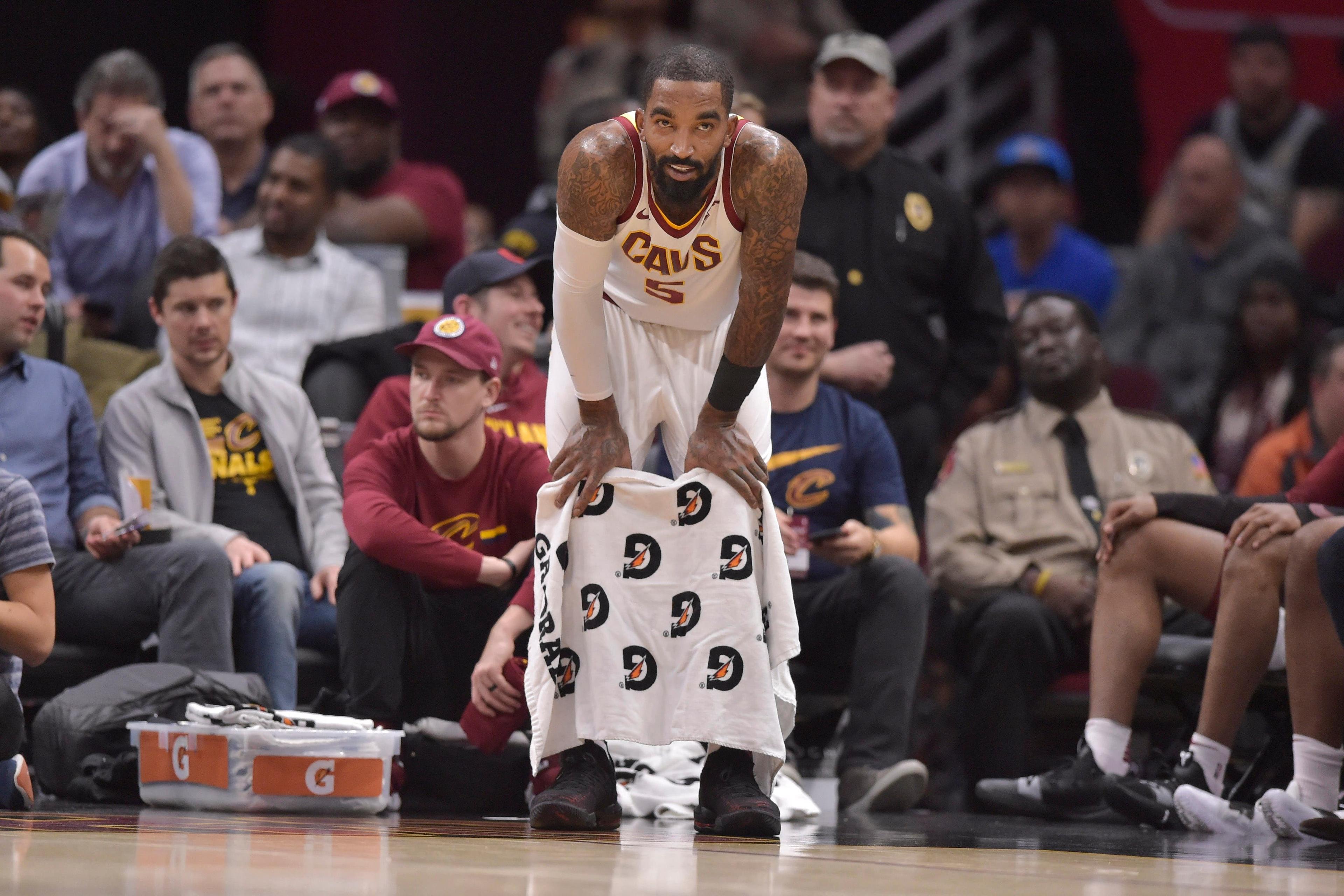 Nov 7, 2018; Cleveland, OH, USA; Cleveland Cavaliers guard JR Smith (5) reacts near the bench in the fourth quarter against the Oklahoma City Thunder at Quicken Loans Arena. Mandatory Credit: David Richard-USA TODAY Sports / David Richard