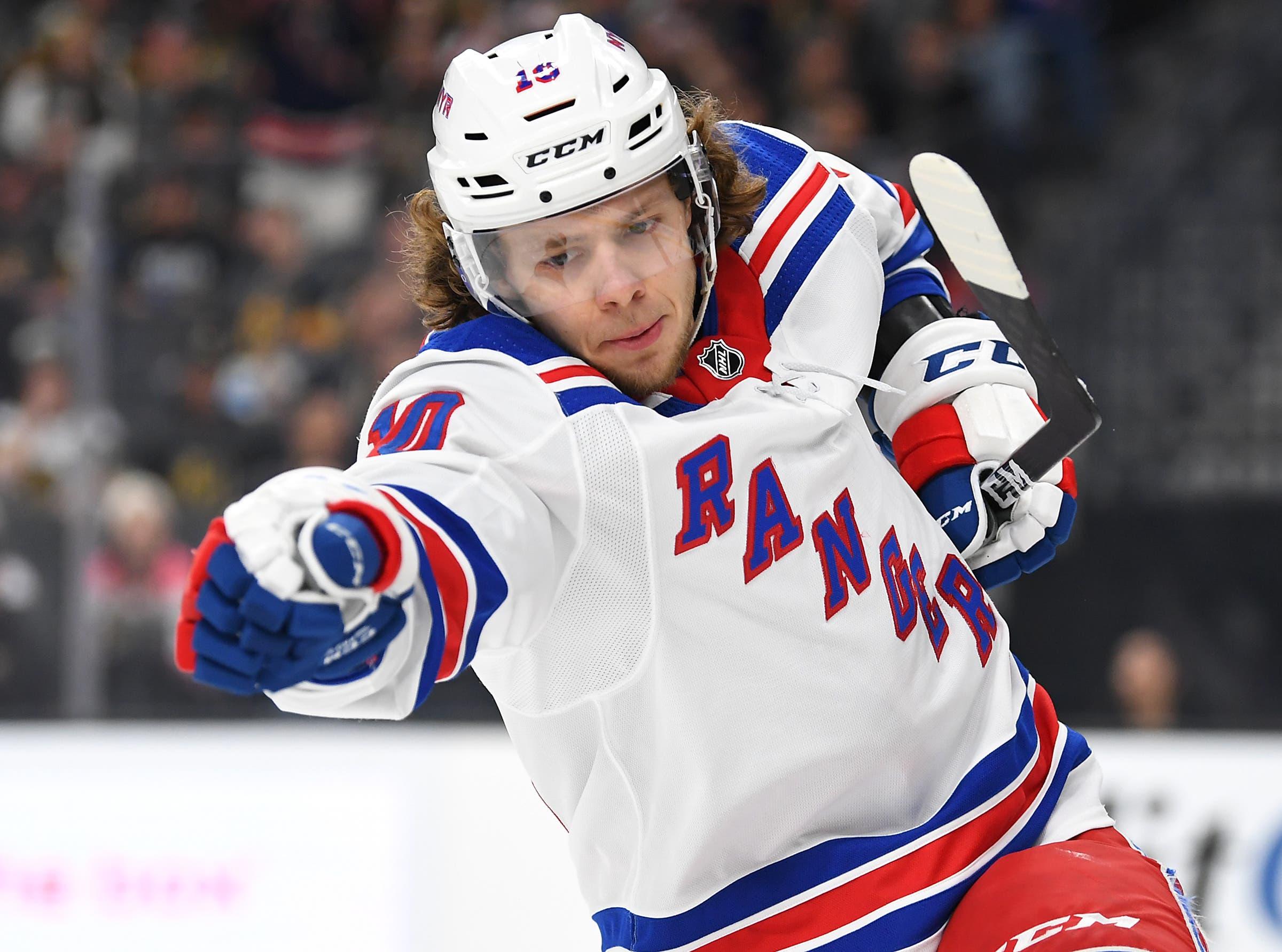 Dec 8, 2019; Las Vegas, NV, USA; New York Rangers left wing Artemi Panarin (10) celebrates after scoring a first period goal against the Vegas Golden Knights at T-Mobile Arena. Mandatory Credit: Stephen R. Sylvanie-USA TODAY Sports / Stephen R. Sylvanie