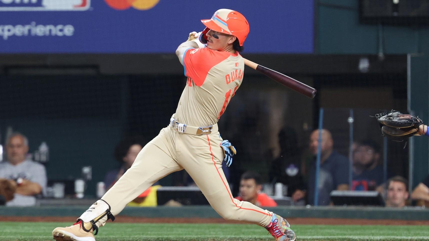 Jul 16, 2024; Arlington, Texas, USA; American League left fielder Jarren Duran of the Boston Red Sox (16) hits a two run home run in the fifth inning during the 2024 MLB All-Star game at Globe Life Field.