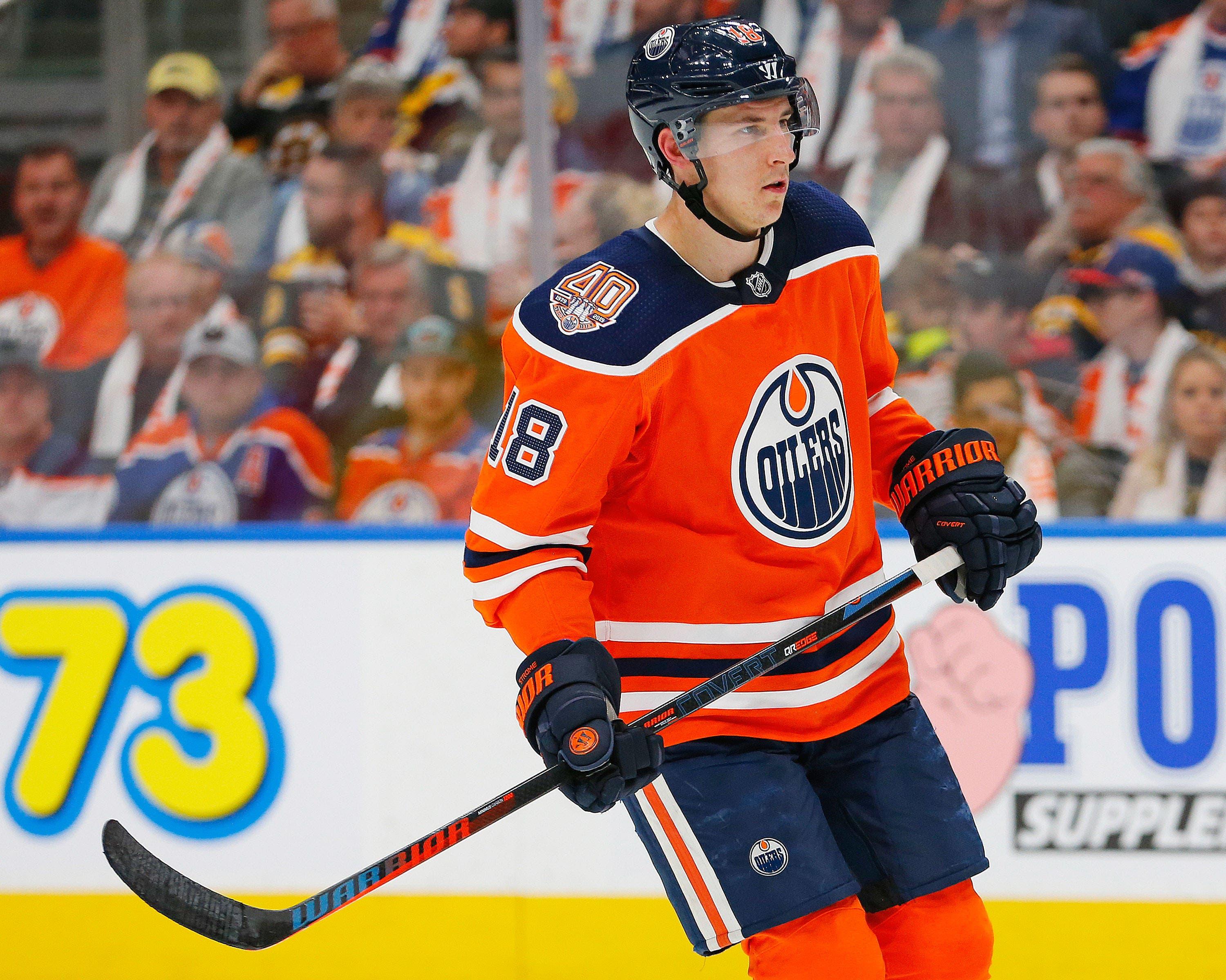 Oct 18, 2018; Edmonton, Alberta, CAN; Edmonton Oilers forward Ryan Strome (18) skates against the Boston Bruins at Rogers Place. Mandatory Credit: Perry Nelson-USA TODAY Sports / Perry Nelson