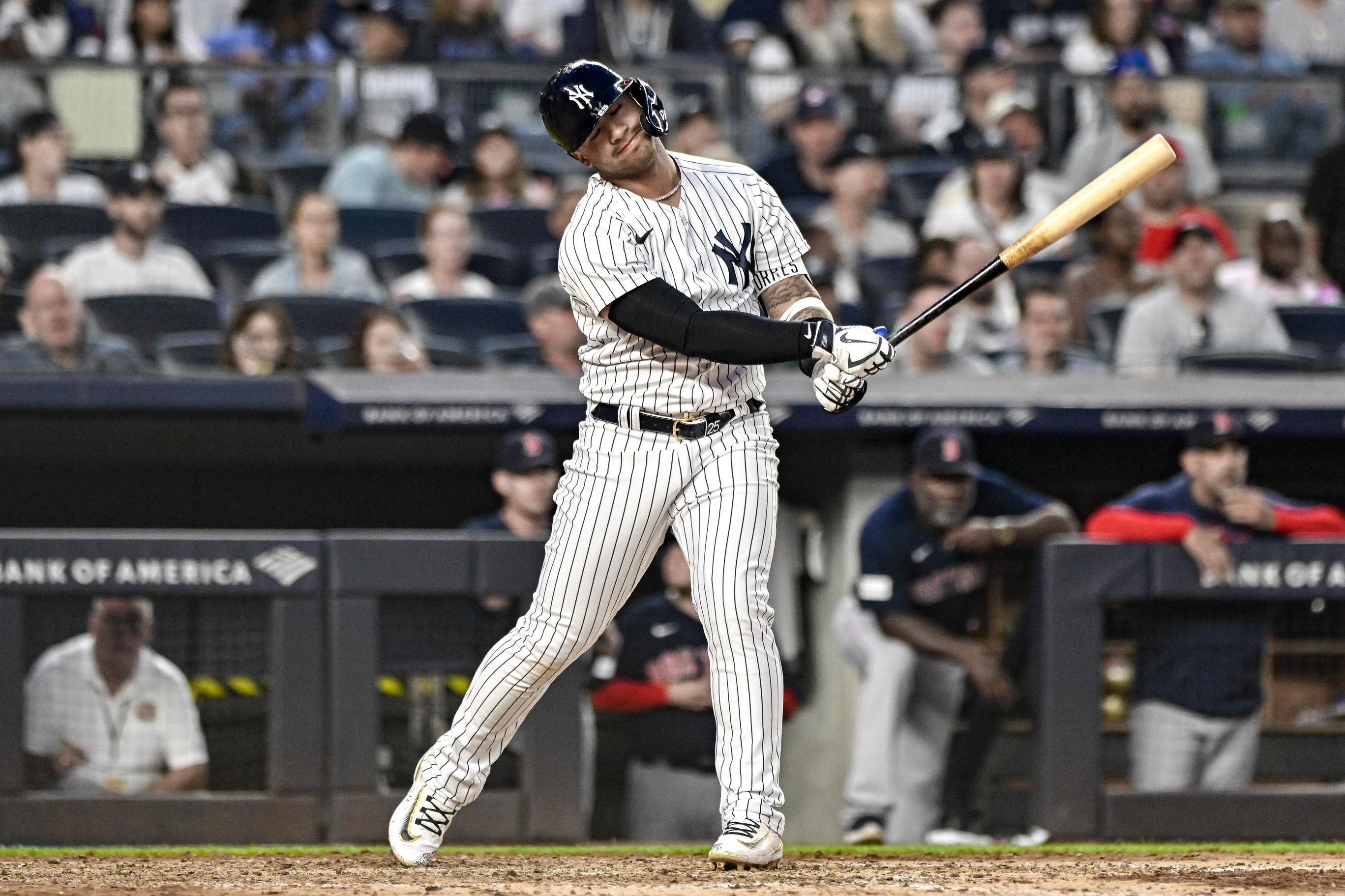 New York Yankees second baseman Gleyber Torres (25) reacts during the fifth inning against the Boston Red Sox at Yankee Stadium. / John Jones-USA TODAY Sports