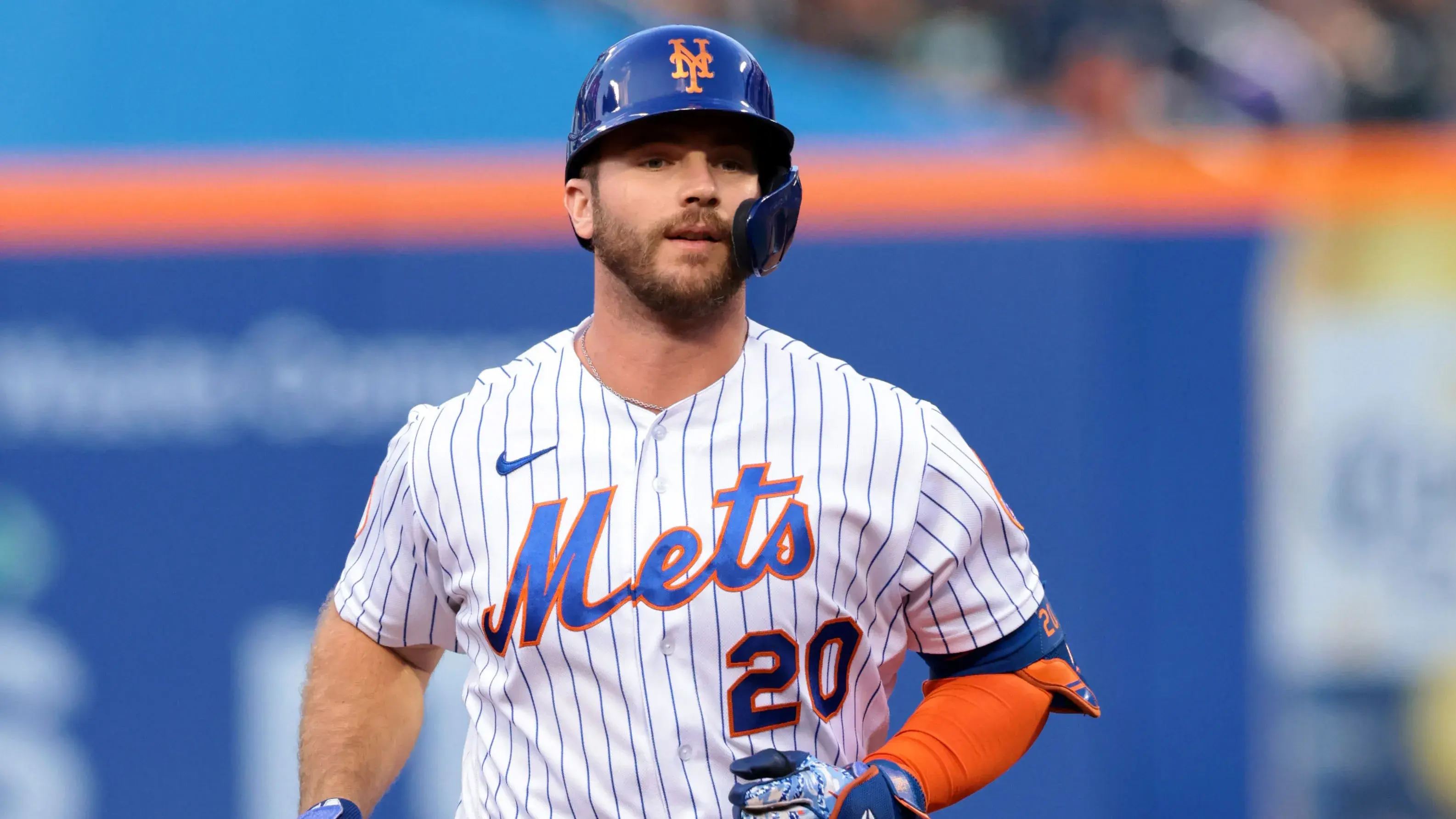 Jul 23, 2021; New York City, New York, USA; New York Mets first baseman Pete Alonso (20) rounds second base after hitting a two run home run of off Toronto Blue Jays starting pitcher Steven Matz, not pictured, during the first inning at Citi Field. / Vincent Carchietta-USA TODAY Sports