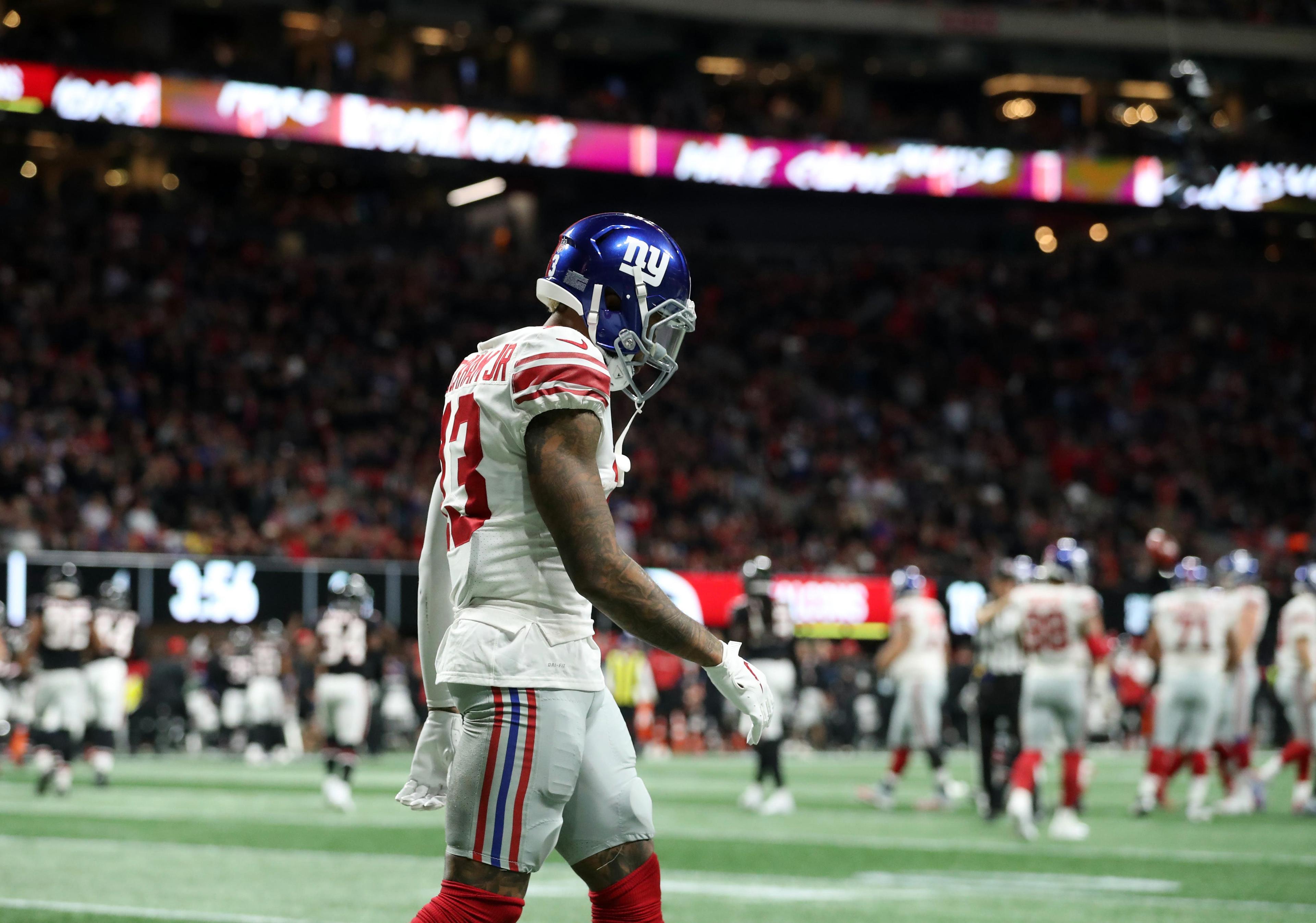 Oct 22, 2018; Atlanta, GA, USA; New York Giants wide receiver Odell Beckham (13) reacts after the offense was unable to convert a third down in the third quarter against the Atlanta Falcons at Mercedes-Benz Stadium. Mandatory Credit: Jason Getz-USA TODAY Sports / Jason Getz