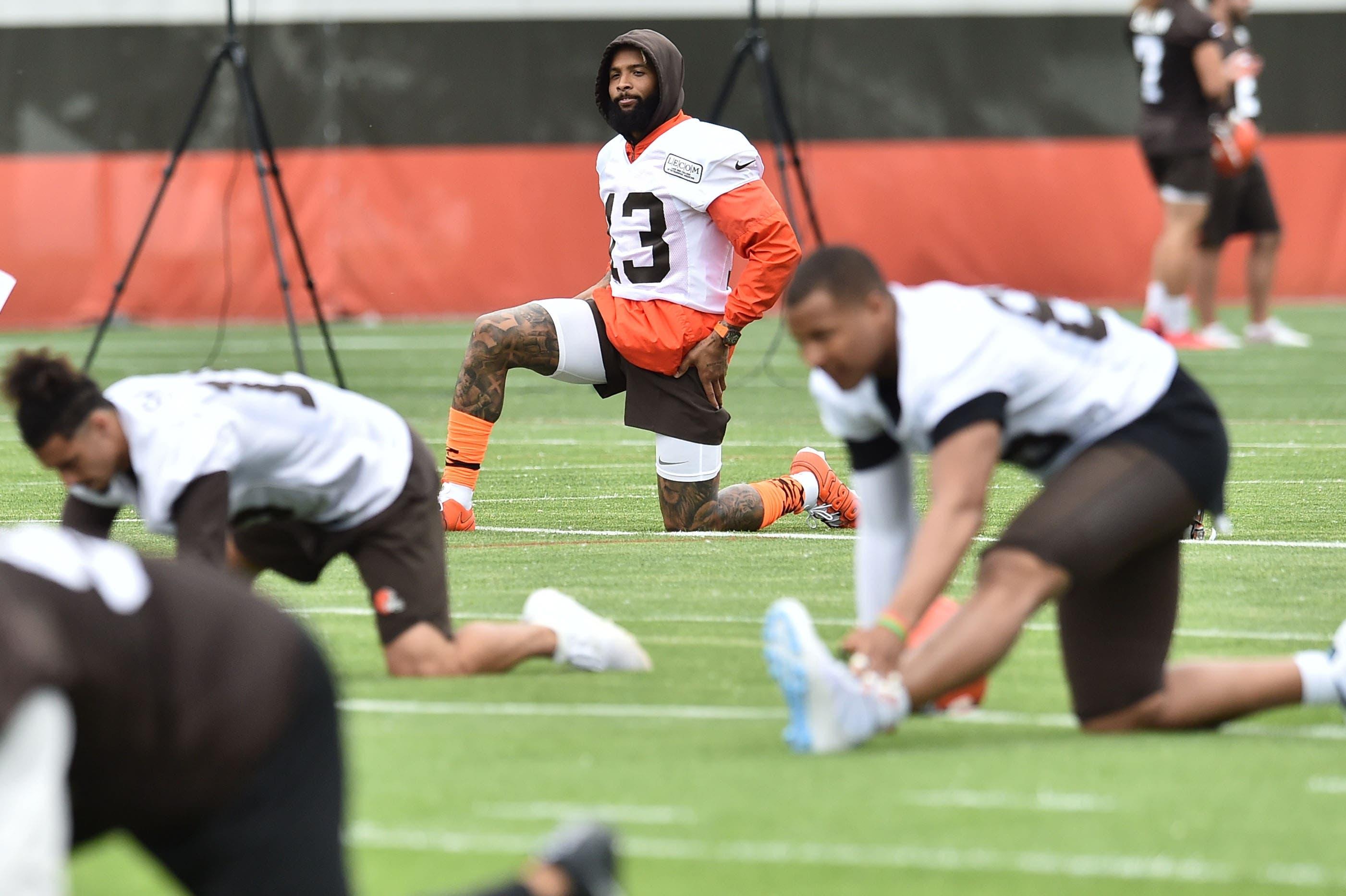 Jun 4, 2019; Berea, OH, USA; Cleveland Browns wide receiver Odell Beckham Jr. (13) stretches during minicamp at the Cleveland Browns training facility. Mandatory Credit: Ken Blaze-USA TODAY Sports / Ken Blaze