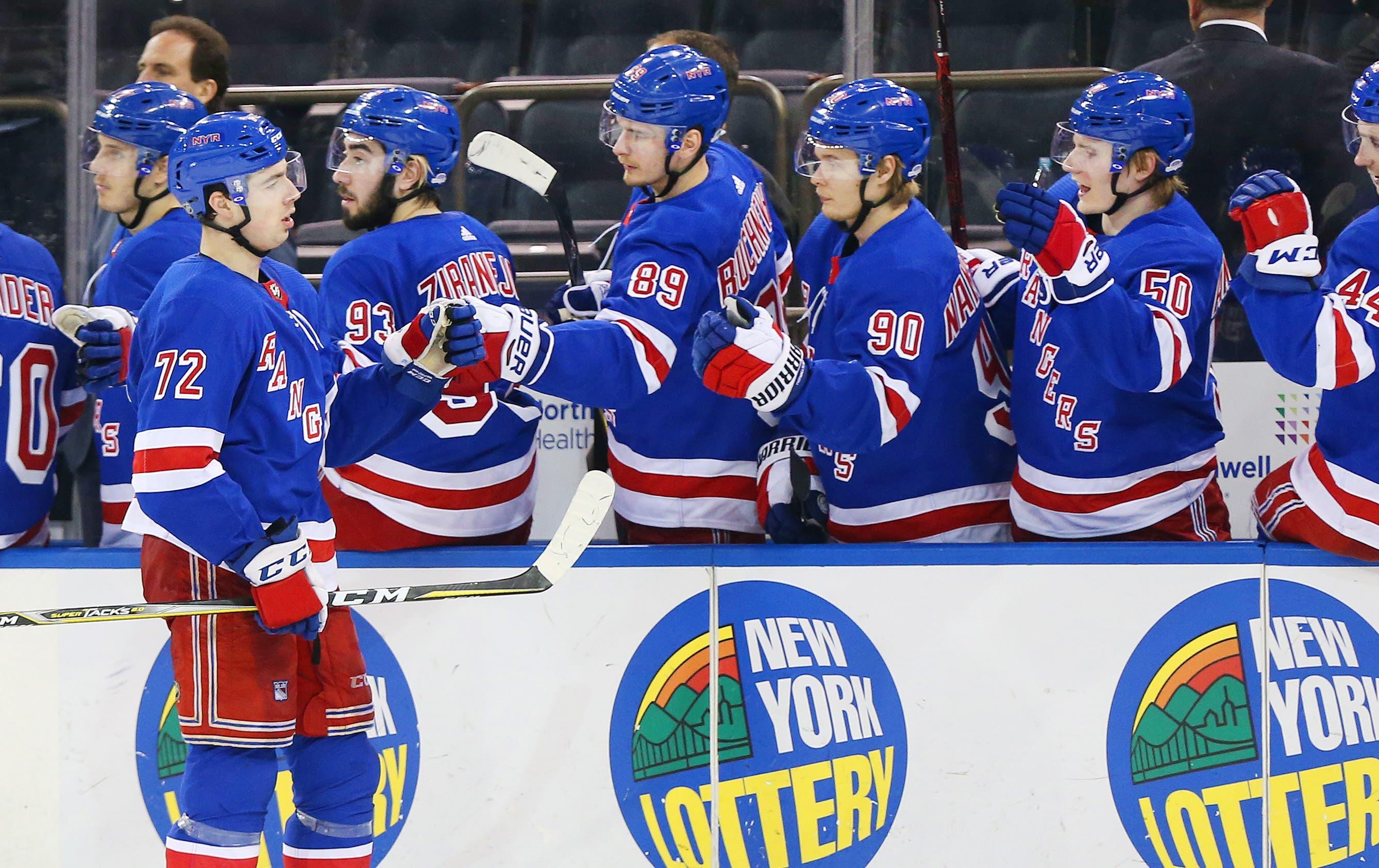 Mar 30, 2018; New York, NY, USA; New York Rangers center Filip Chytil (72) is congratulated after scoring his first NHL goal against the Tampa Bay Lightning during the third period at Madison Square Garden. Mandatory Credit: Andy Marlin-USA TODAY Sports / Andy Marlin