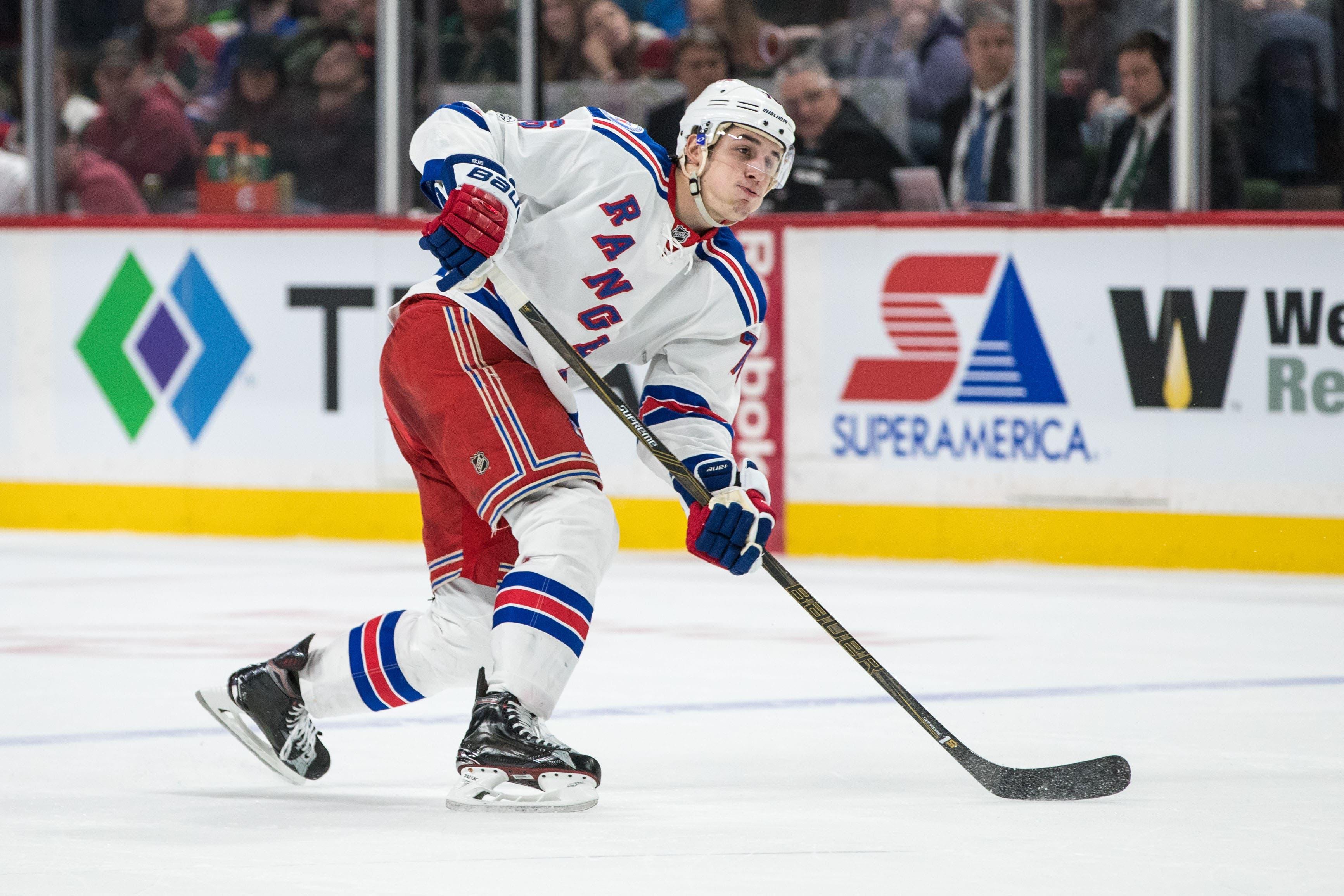 Mar 18, 2017; Saint Paul, MN, USA; New York Rangers defenseman Brady Skjei (76) shoots during the second period against the Minnesota Wild at Xcel Energy Center. Mandatory Credit: Brace Hemmelgarn-USA TODAY Sports / Brace Hemmelgarn