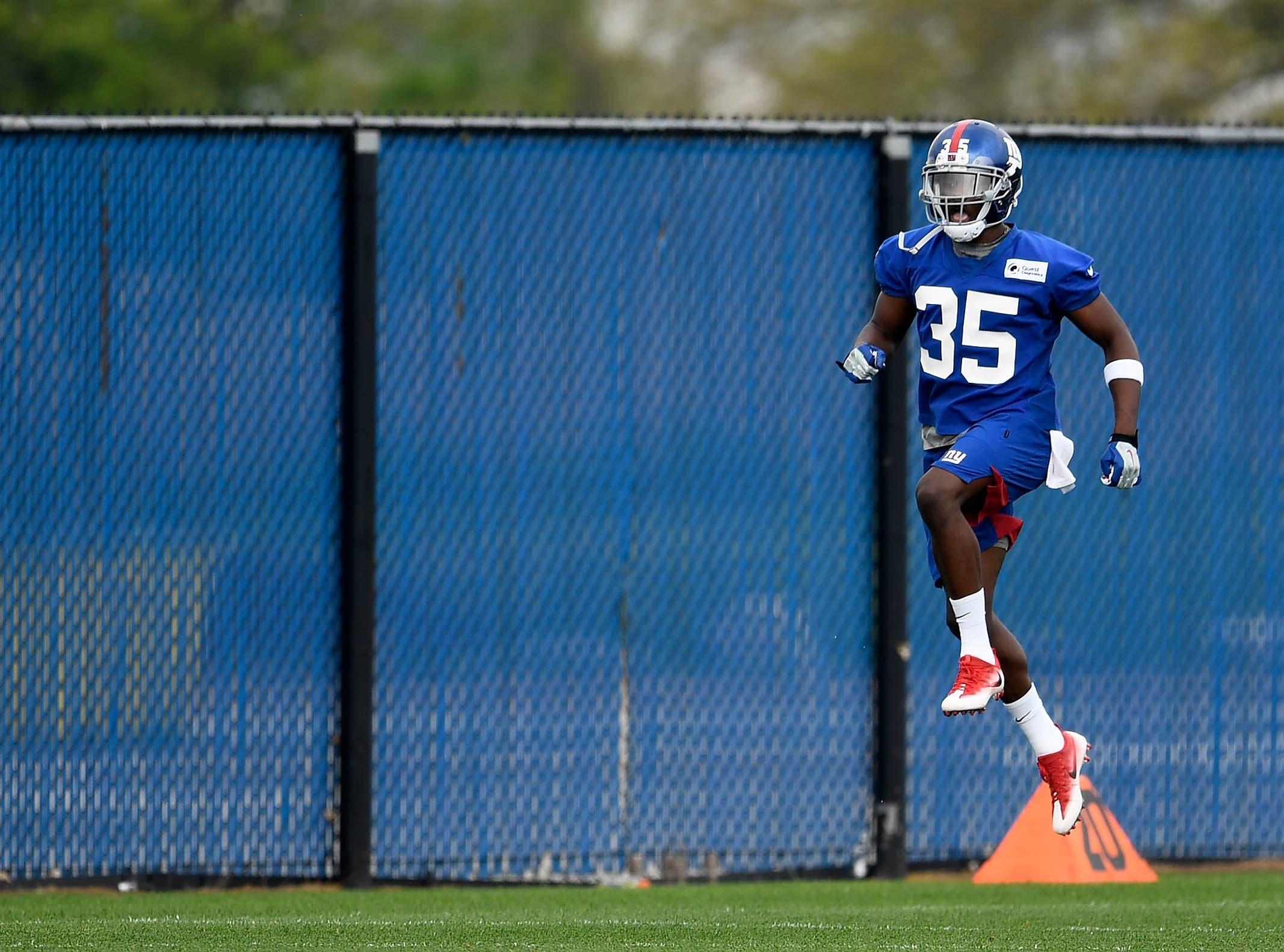 May 4, 2019; East Rutherford, NJ, USA; New York Giants cornerback draft pick DeAndre Baker (35) runs during a drill during rookie minicamp at Quest Diagnostics Training Center. Mandatory Credit: Sarah Stier-USA TODAY Sports / Sarah Stier