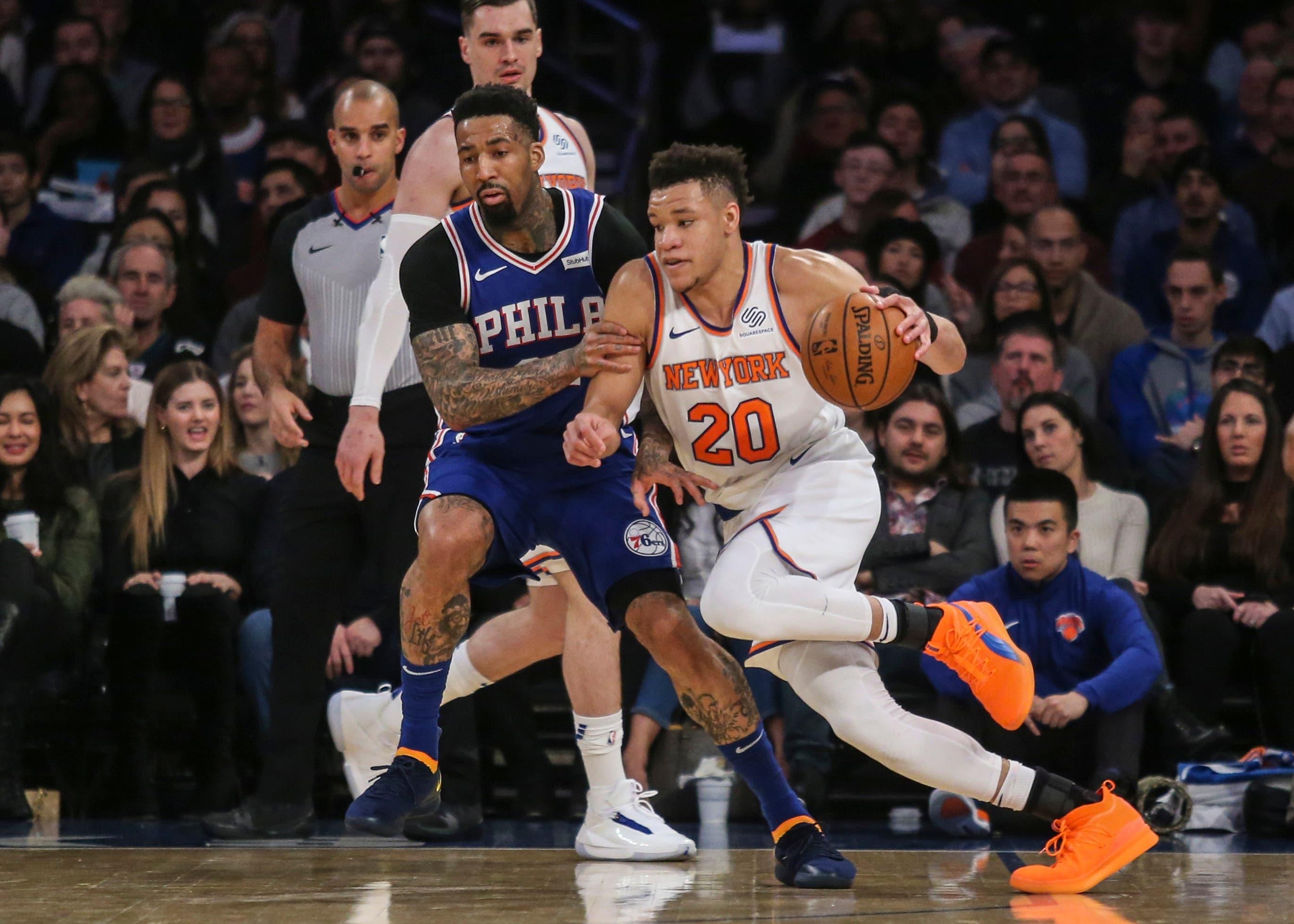 Jan 13, 2019; New York, NY, USA; New York Knicks forward Kevin Knox (20) drives to the basket against the Philadelphia 76ers in the first quarter at Madison Square Garden. Mandatory Credit: Wendell Cruz-USA TODAY Sports / Wendell Cruz