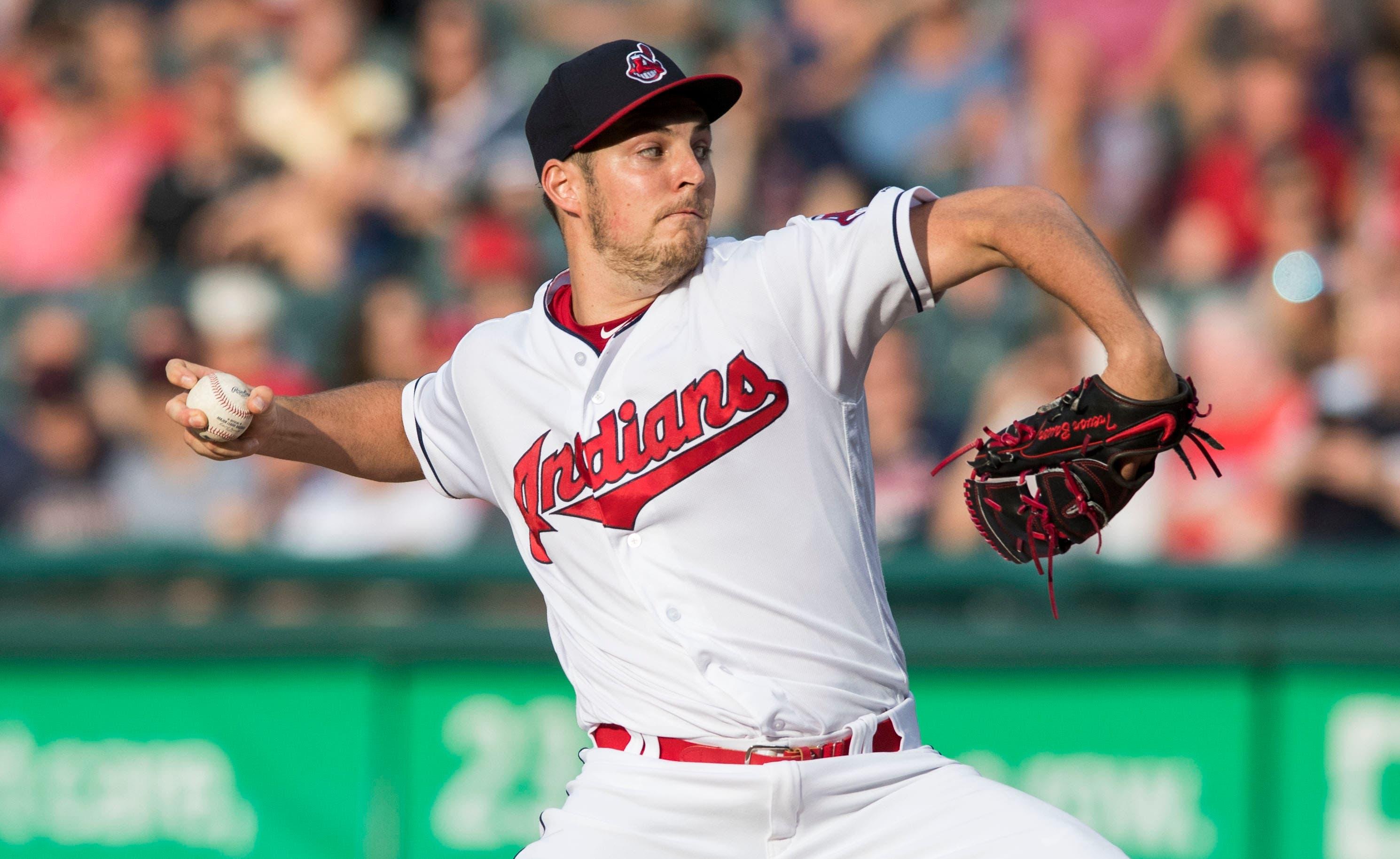 Jul 10, 2018; Cleveland, OH, USA; Cleveland Indians starting pitcher Trevor Bauer (47) throws a pitch during the first inning against the Cincinnati Reds at Progressive Field. Mandatory Credit: Ken Blaze-USA TODAY Sports / Ken Blaze