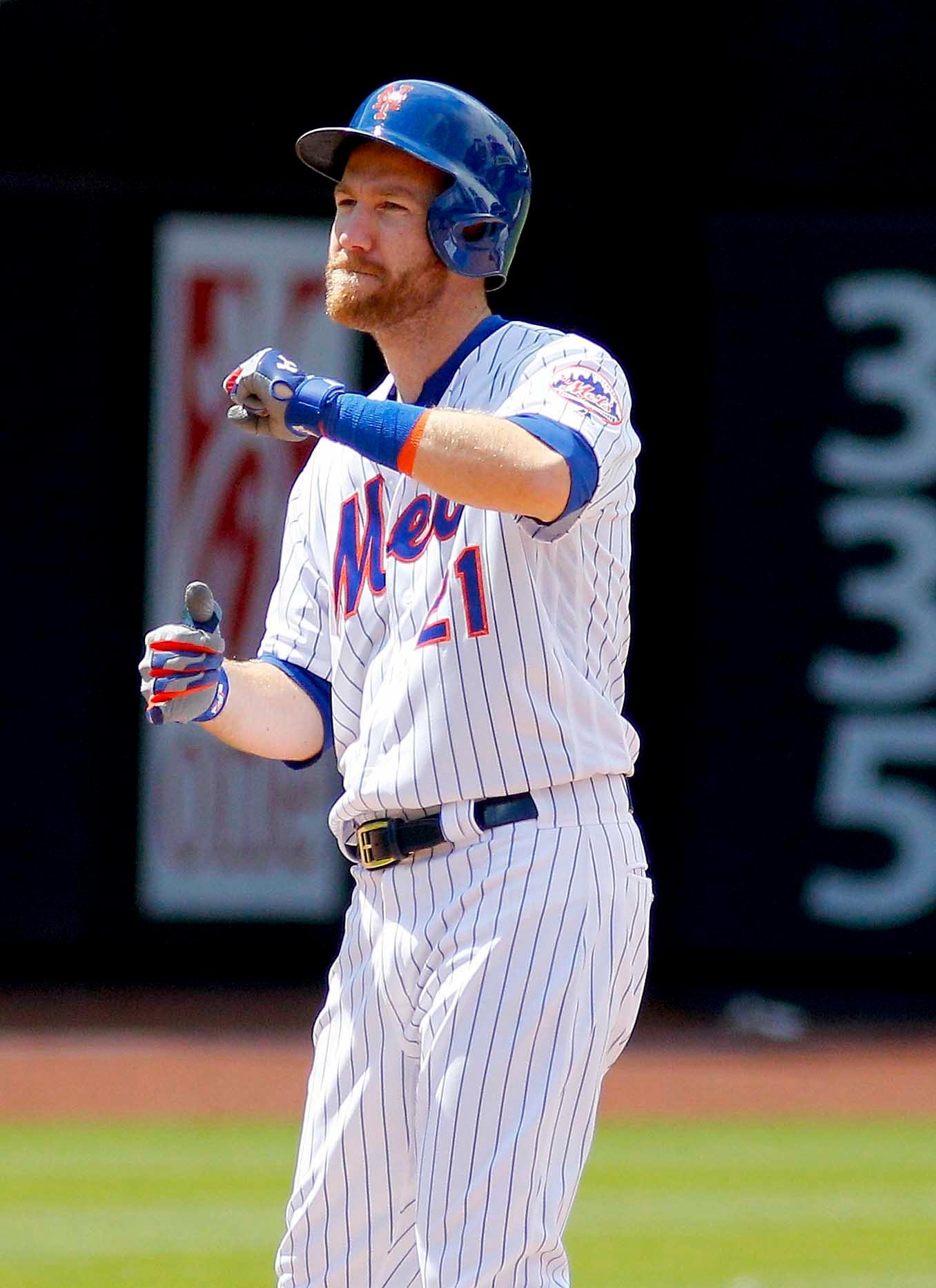 Jun 9, 2019; New York City, NY, USA; New York Mets third baseman Todd Frazier (21) reacts after hitting an RBI double against the Colorado Rockies during the fifth inning at Citi Field. Mandatory Credit: Andy Marlin-USA TODAY Sports