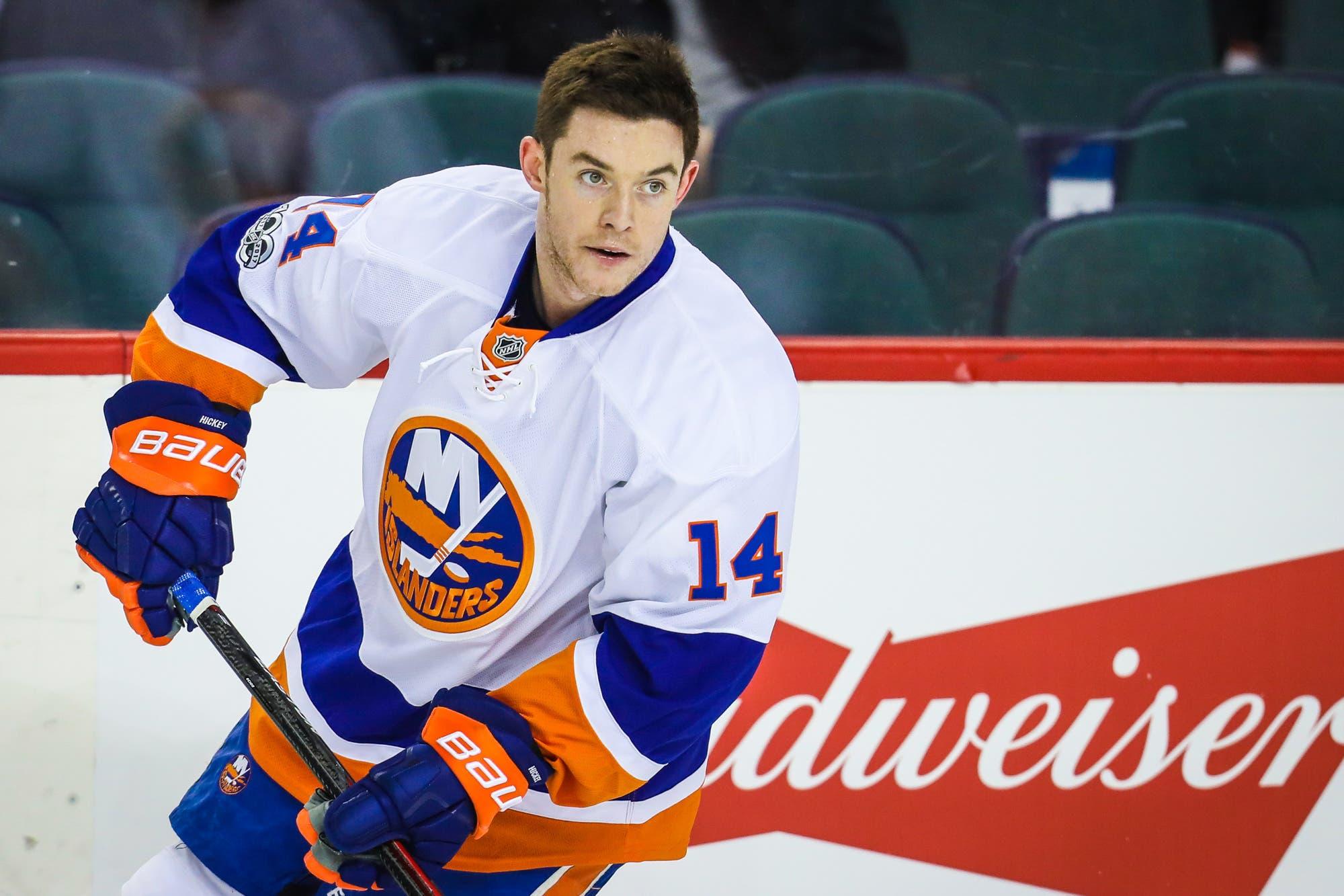 New York Islanders defenseman Thomas Hickey skates during the warmup period against the Calgary Flames at Scotiabank Saddledome. / Sergei Belski/USA TODAY Sports