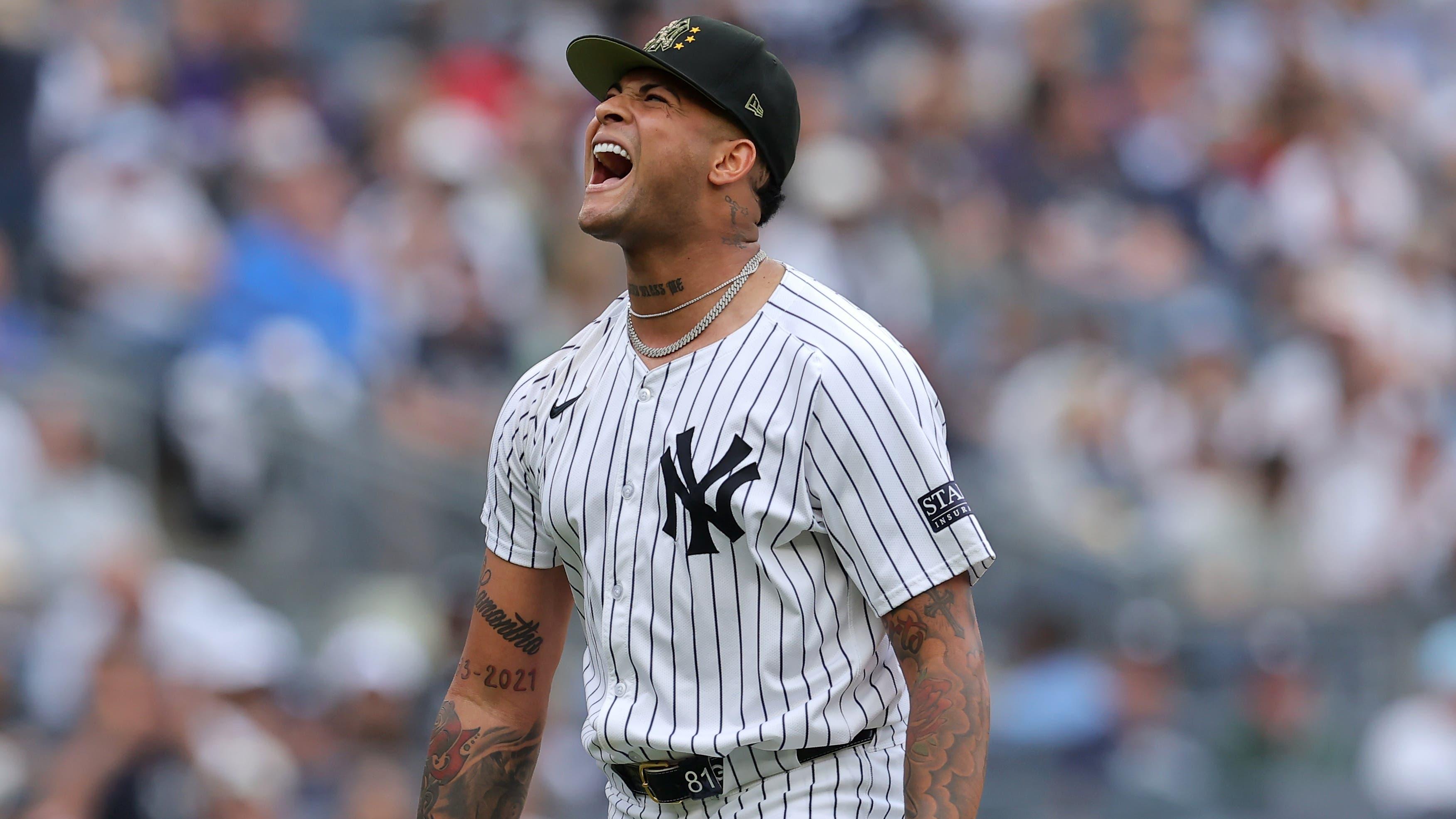 New York Yankees starting pitcher Luis Gil (81) reacts after the final out in the top of the sixth inning against the Chicago White Sox at Yankee Stadium / Brad Penner - USA TODAY Sports