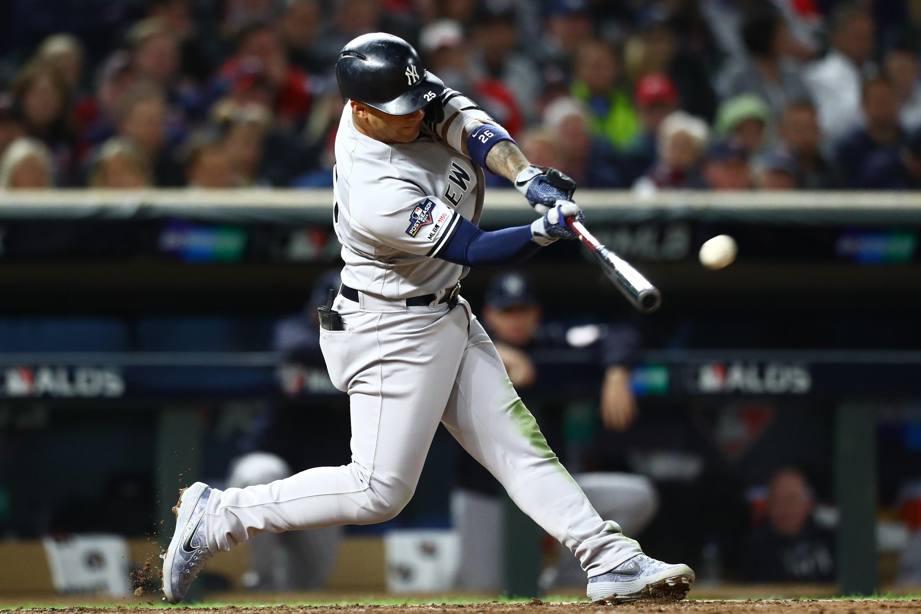 Oct 7, 2019; Minneapolis, MN, USA; New York Yankees second baseman Gleyber Torres (25) doubles during the seventh inning of game three of the 2019 ALDS playoff baseball series at Target Field. Mandatory Credit: David Berding-USA TODAY Sports / David Berding