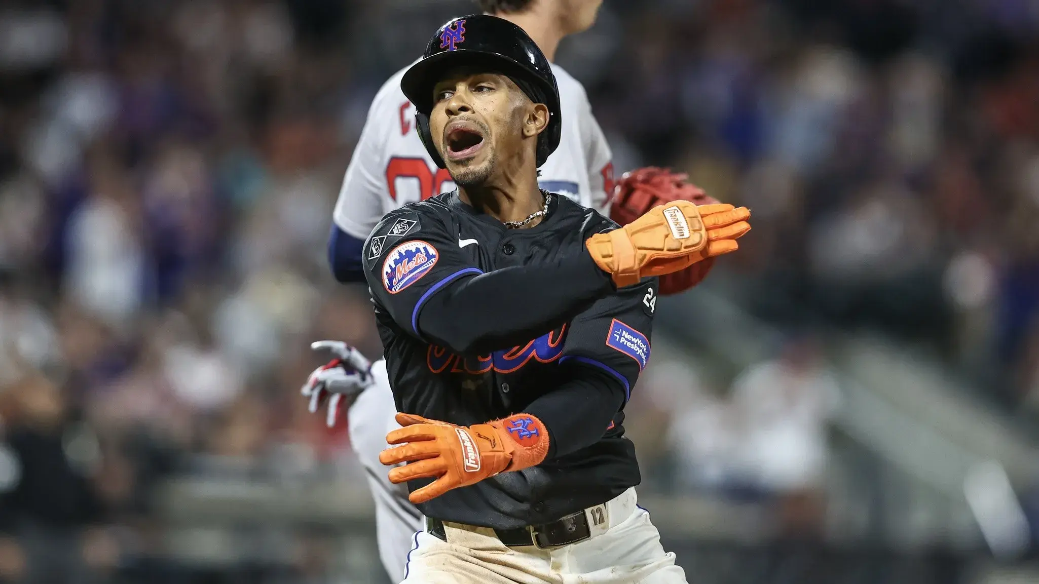 New York Mets shortstop Francisco Lindor (12) celebrates after hitting a RBI single in the fourth inning against the Boston Red Sox at Citi Field. / Wendell Cruz-USA TODAY Sports