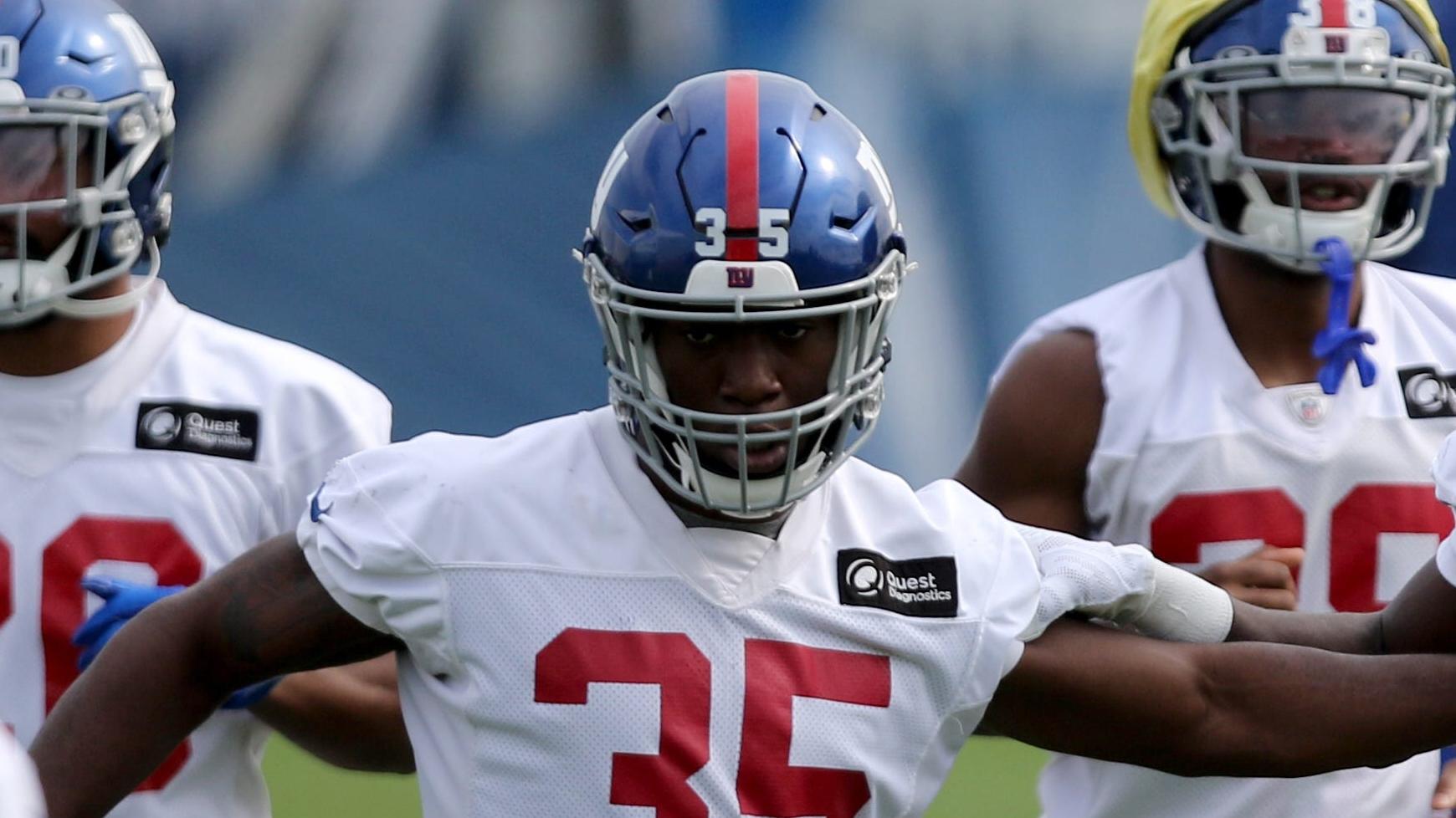 Linebacker, TJ Brunson (35) and cornerback, Isaac Yiadom, are shown at the Giants practice facility, in East Rutherford. / Danielle Parhizkaran/NorthJersey.com-Imagn Content Services, LLC
