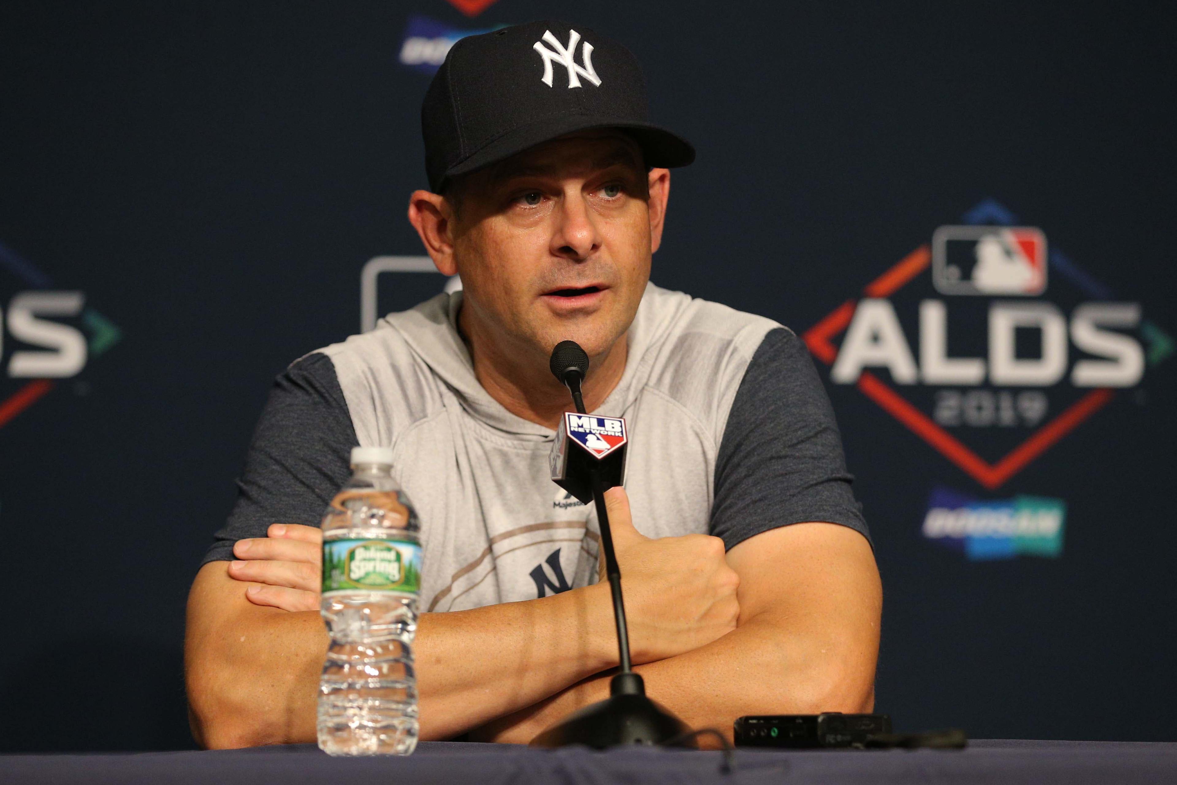 Oct 2, 2019; New York, NY, USA; New York Yankees manager Aaron Boone speaks to the media during a workout day before game 1 of the ALDS at Yankees Stadium. Mandatory Credit: Brad Penner-USA TODAY Sports / Brad Penner