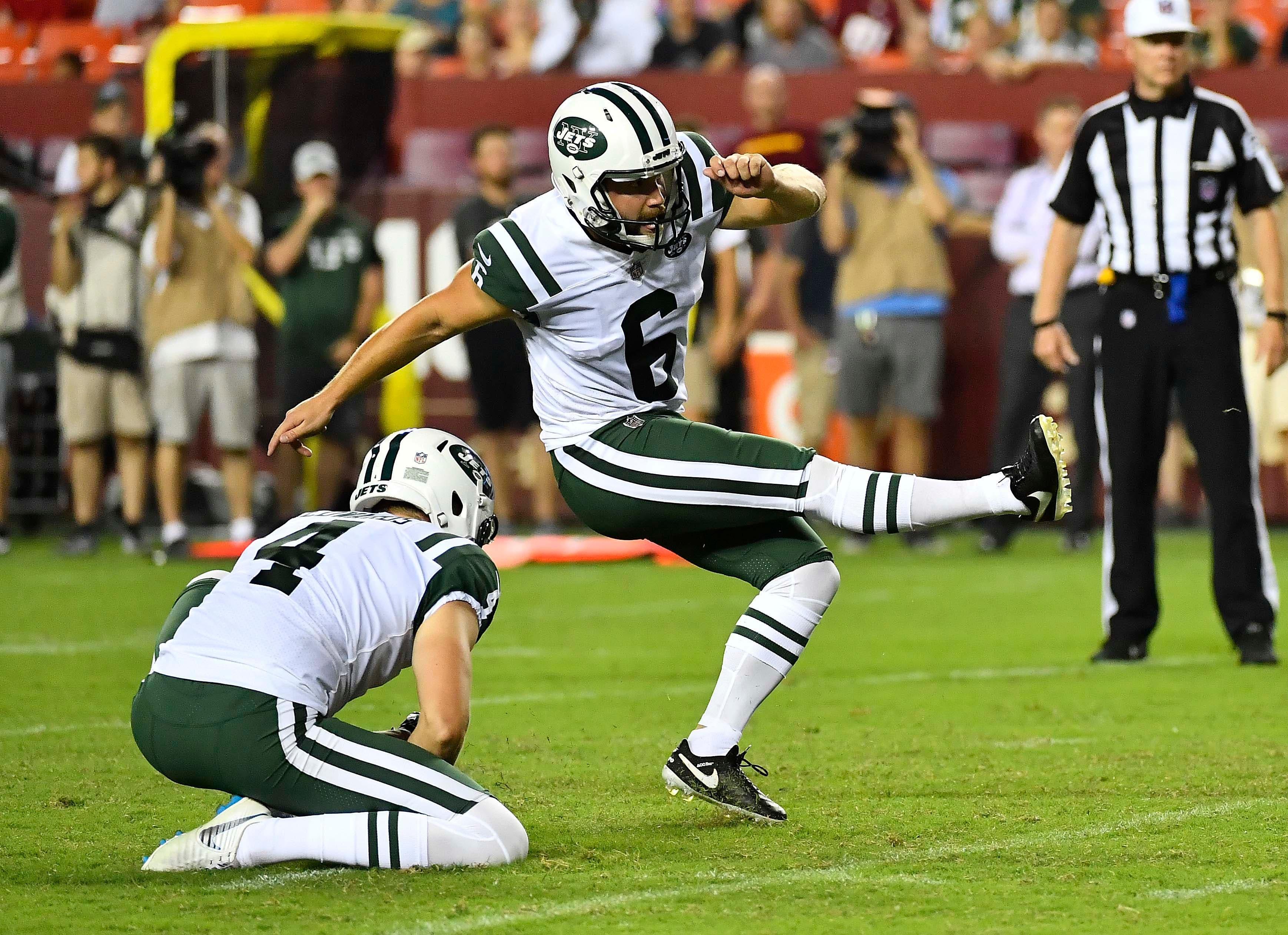 Aug 16, 2018; Landover, MD, USA; New York Jets kicker Taylor Bertolet (6) kicks a field goal against the Washington Redskins during the second half at FedEx Field. Mandatory Credit: Brad Mills-USA TODAY Sports / Brad Mills