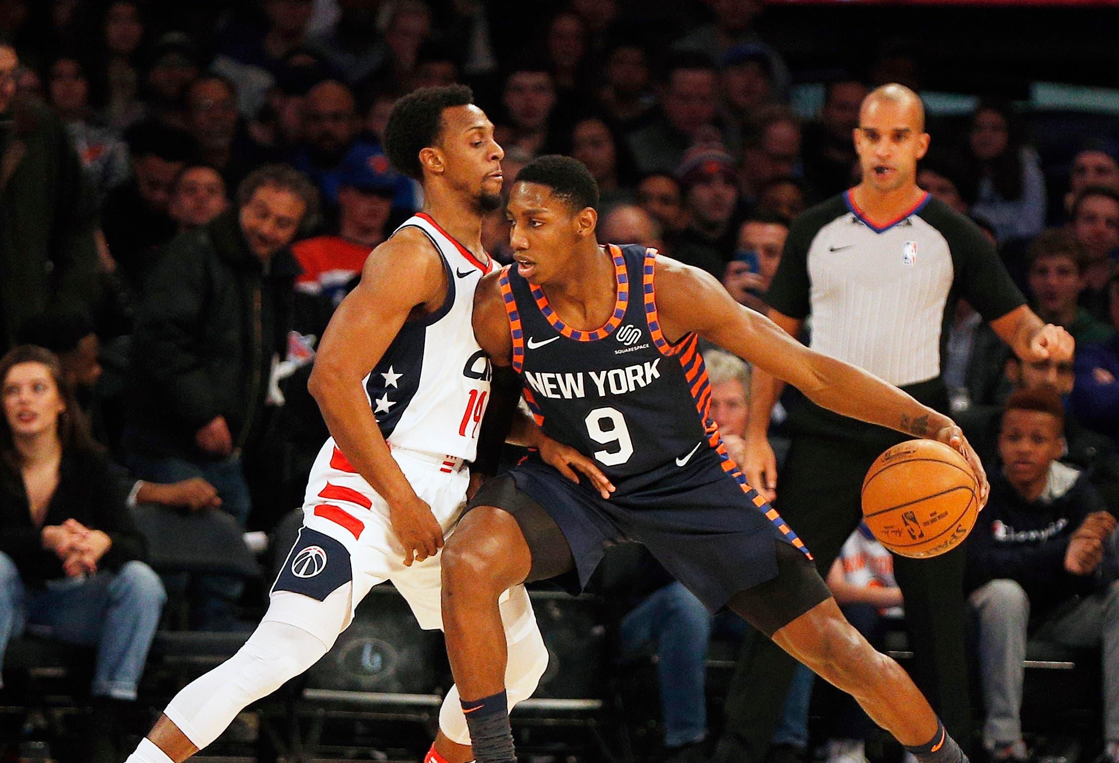 Dec 23, 2019; New York, New York, USA; New York Knicks forward RJ Barrett (9) dribbles the ball against Washington Wizards guard Ish Smith (14) during the first half at Madison Square Garden. Mandatory Credit: Andy Marlin-USA TODAY Sports / Andy Marlin