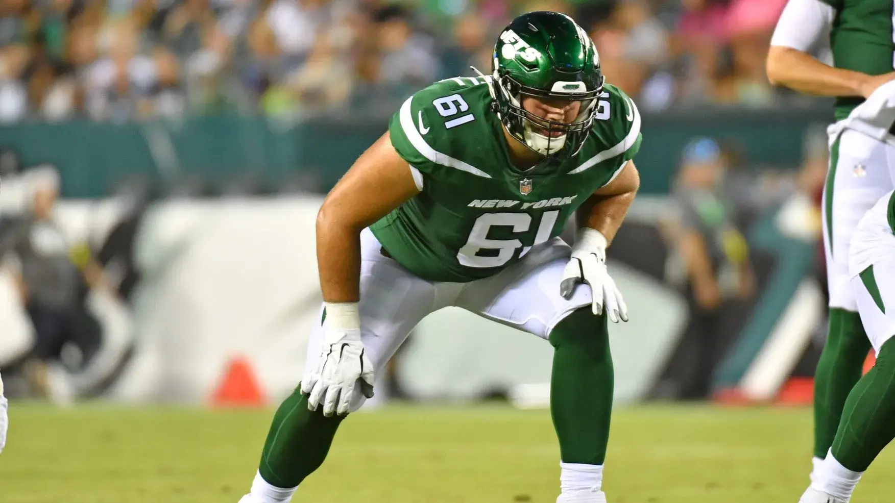 Aug 12, 2022; Philadelphia, Pennsylvania, USA; New York Jets offensive tackle Max Mitchell (61) against the Philadelphia Eagles at Lincoln Financial Field. / Eric Hartline-USA TODAY Sports