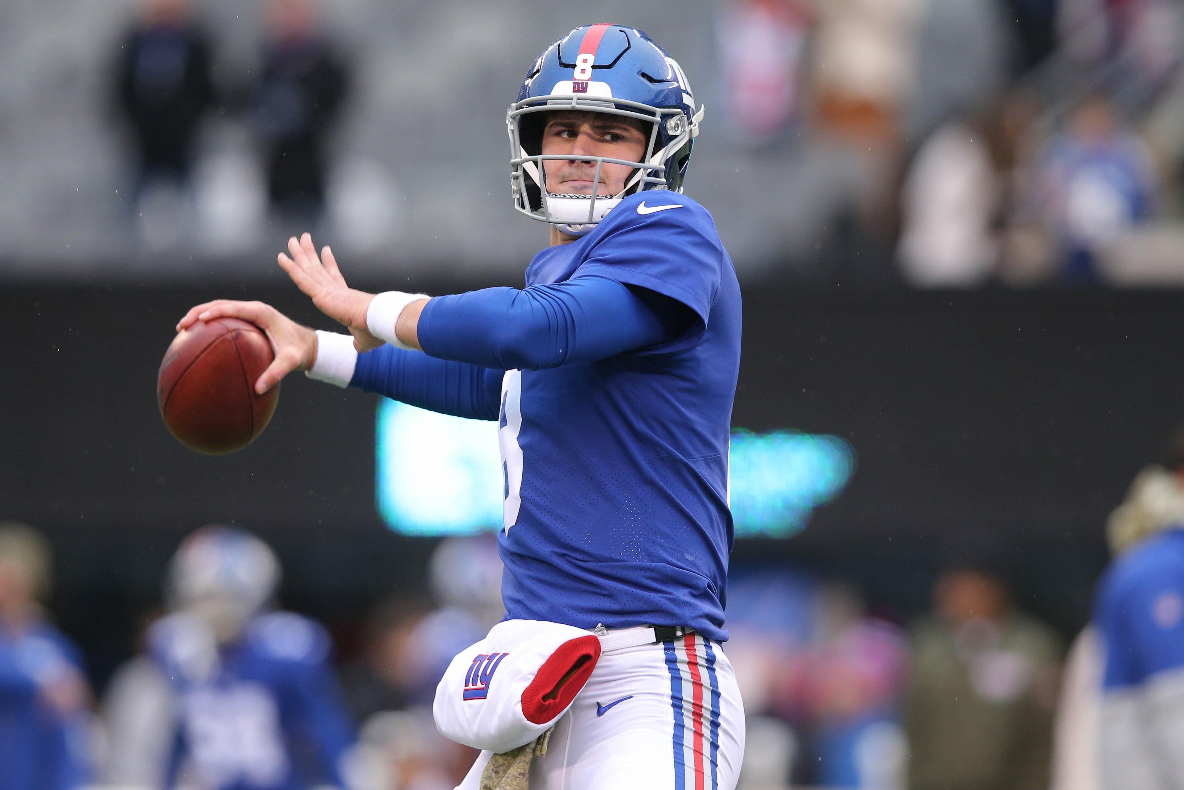 Dec 1, 2019; East Rutherford, NJ, USA; New York Giants quarterback Daniel Jones (8) warms up before a game against the Green Bay Packers at MetLife Stadium. Mandatory Credit: Brad Penner-USA TODAY Sports / Brad Penner