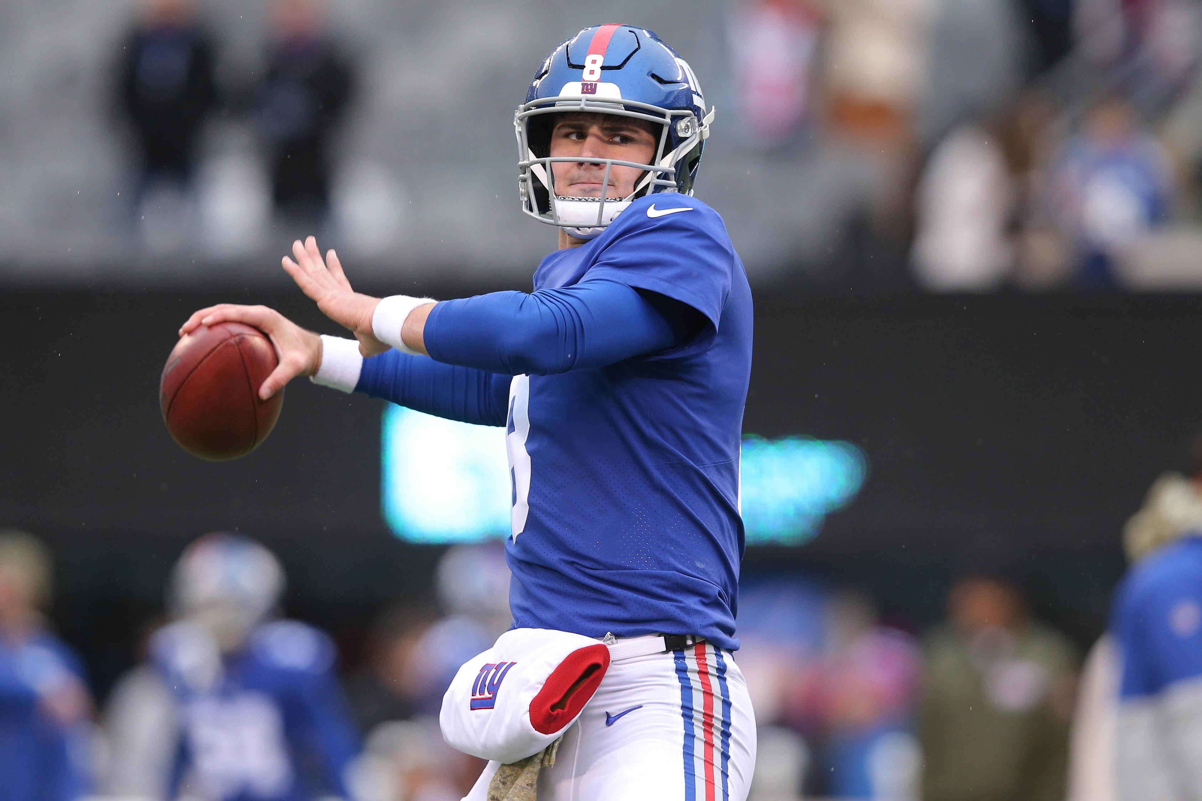 Dec 1, 2019; East Rutherford, NJ, USA; New York Giants quarterback Daniel Jones (8) warms up before a game against the Green Bay Packers at MetLife Stadium. Mandatory Credit: Brad Penner-USA TODAY Sports