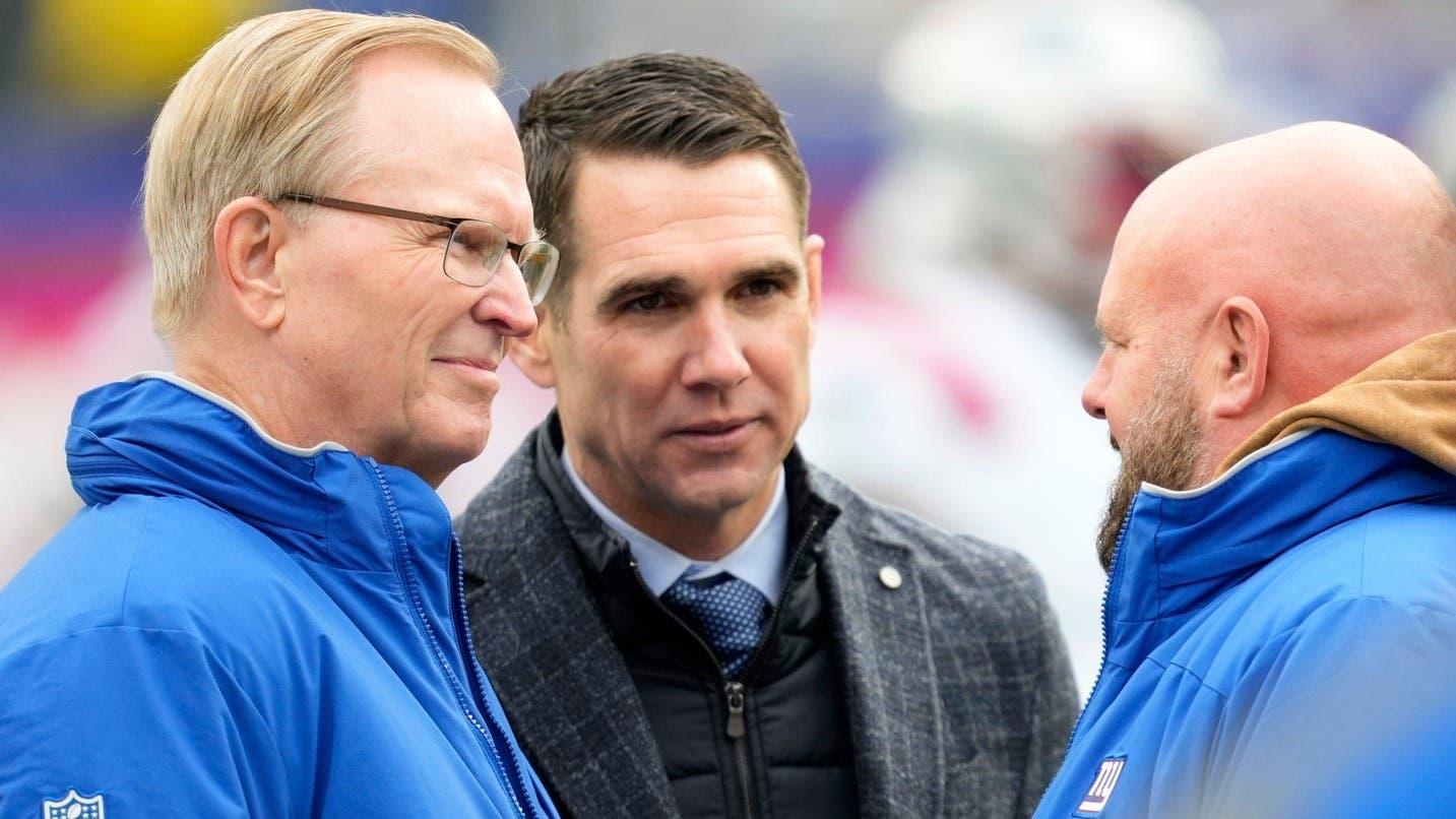 New York Giants co-owner John Mara (left) and New York Giants General Manager, Joe Schoen, speak with New York Giants Head Coach, Brian Daboll, at MetLife Stadium before their team hosts the New England Patriots, Sunday, November 26, 2023.