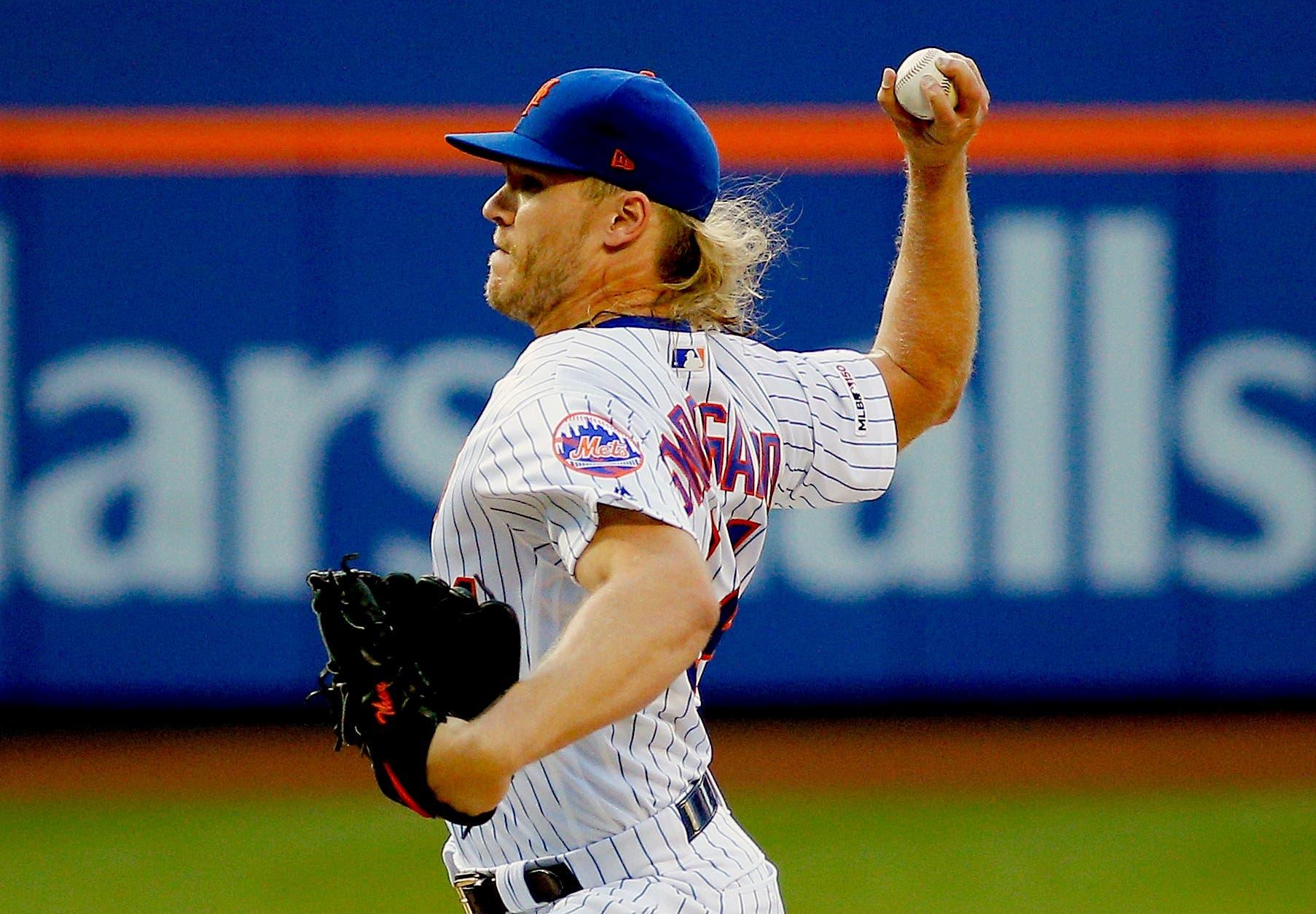 Jun 4, 2019; New York City, NY, USA; New York Mets starting pitcher Noah Syndergaard (34) pitches against the San Francisco Giants during the first inning at Citi Field. Mandatory Credit: Andy Marlin-USA TODAY Sports / Andy Marlin