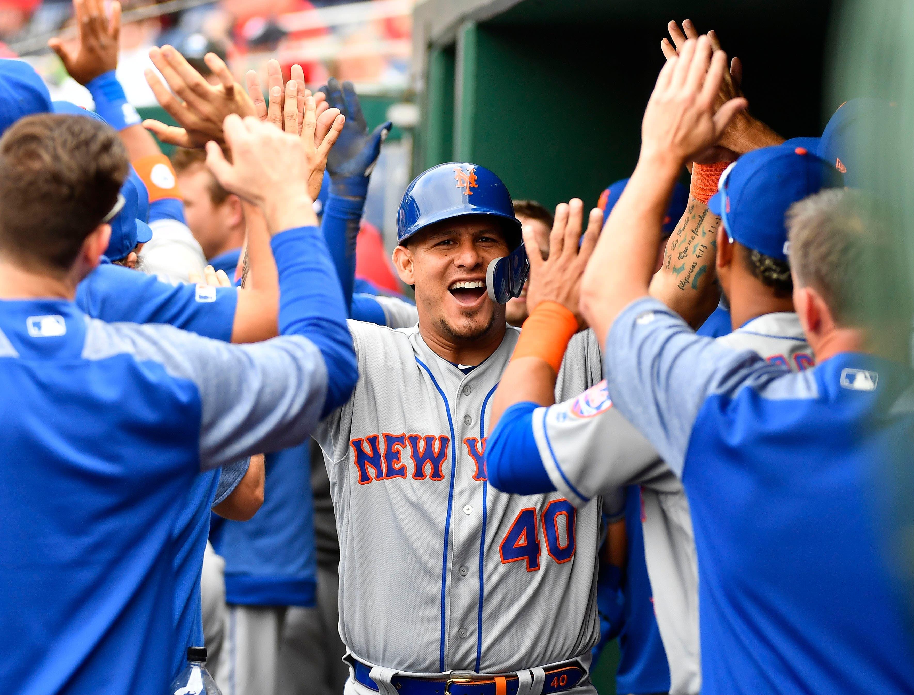 Mar 30, 2019; Washington, DC, USA; New York Mets catcher Wilson Ramos (40) reacts after scoring a run against the Washington Nationals during the eighth inning at Nationals Park. Mandatory Credit: Brad Mills-USA TODAY Sports / Brad Mills