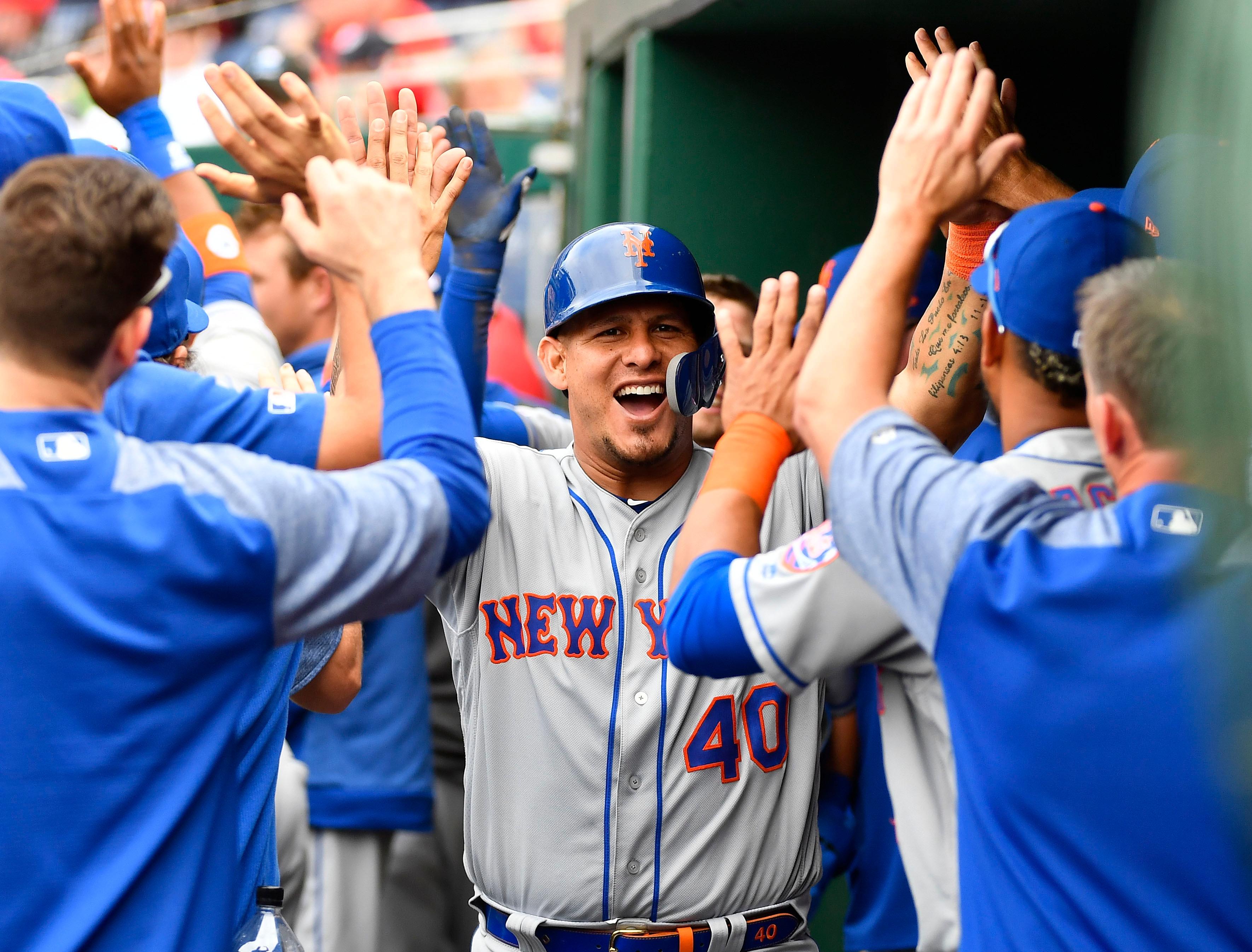 Mar 30, 2019; Washington, DC, USA; New York Mets catcher Wilson Ramos (40) reacts after scoring a run against the Washington Nationals during the eighth inning at Nationals Park. Mandatory Credit: Brad Mills-USA TODAY Sports