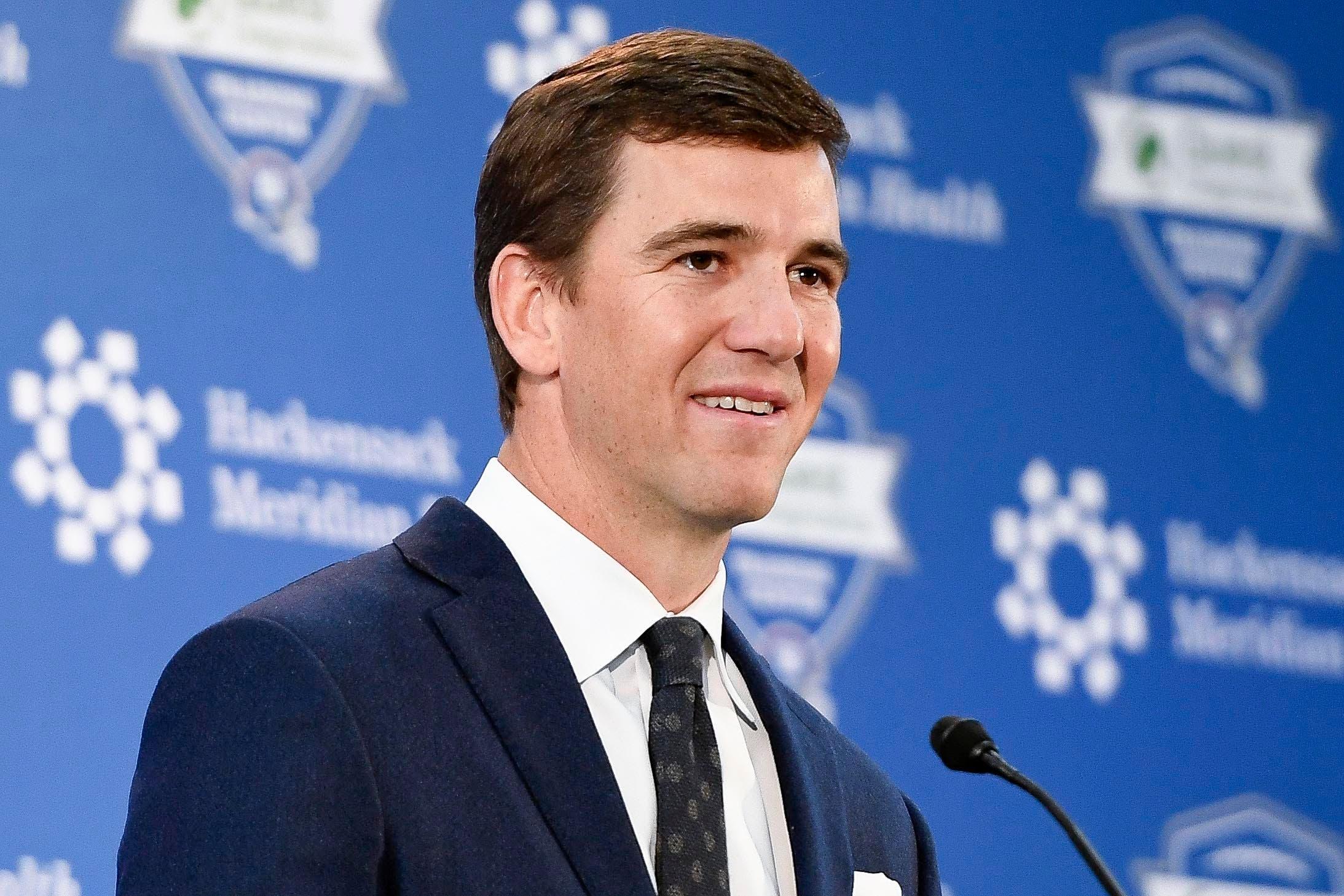 Jan 24, 2020; East Rutherford, New Jersey, USA; New York Giants quarterback Eli Manning announces his retirement during a press conference at Quest Diagnostics Training Center. Mandatory Credit: Danielle Parhizkaran-USA TODAY Sports / Danielle Parhizkaran