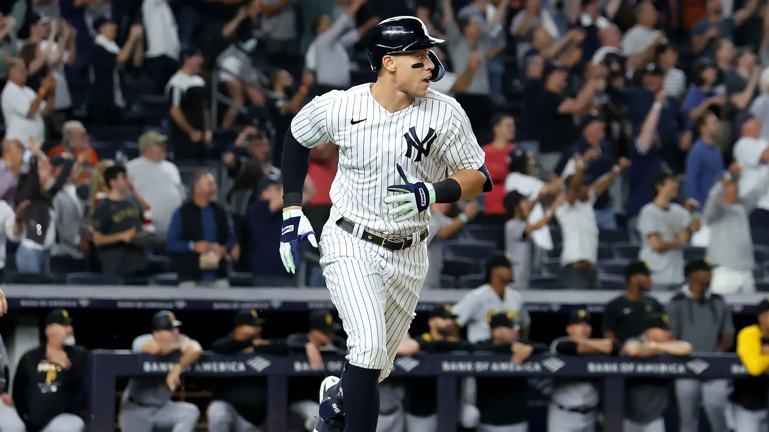 Sep 20, 2022; Bronx, New York, USA; New York Yankees right fielder Aaron Judge (99) rounds the bases after hitting a solo home run against the Pittsburgh Pirates during the ninth inning at Yankee Stadium. / Brad Penner-USA TODAY Sports