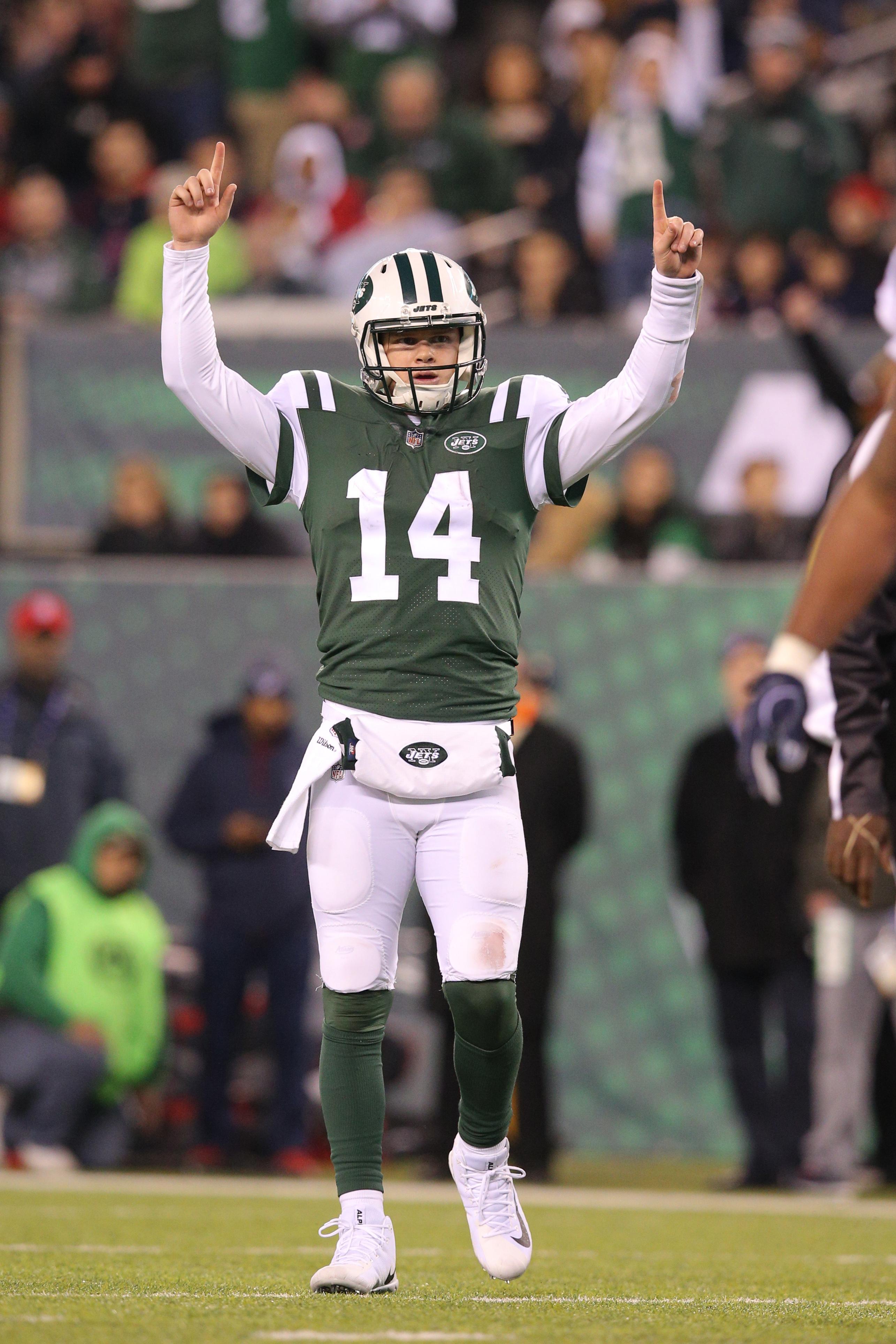 Dec 15, 2018; East Rutherford, NJ, USA; New York Jets quarterback Sam Darnold (14) reacts after a touchdown by New York Jets running back Elijah McGuire (not pictured) during the fourth quarter against the Houston Texans at MetLife Stadium. Mandatory Credit: Brad Penner-USA TODAY Sports