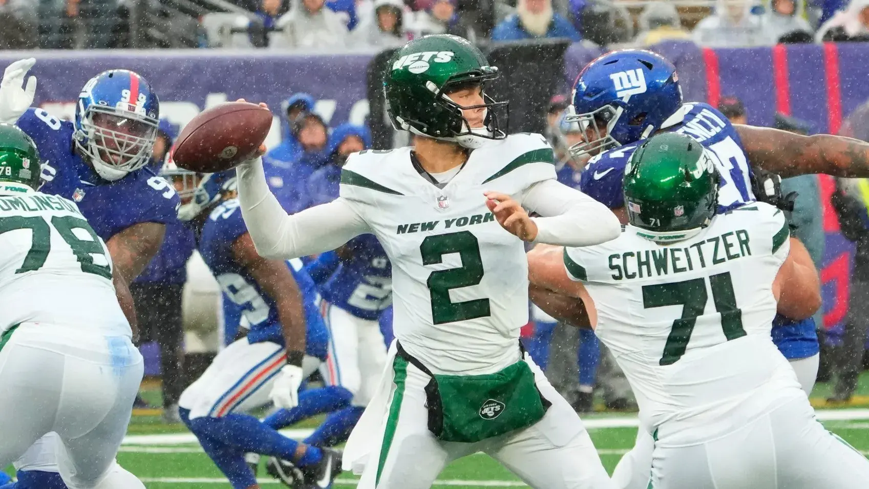 Oct 29, 2023; East Rutherford, New Jersey, USA; New York Jets quarterback Zach Wilson (2) throws a pass against the New York Giants during the first half at MetLife Stadium. / Robert Deutsch-USA TODAY Sports