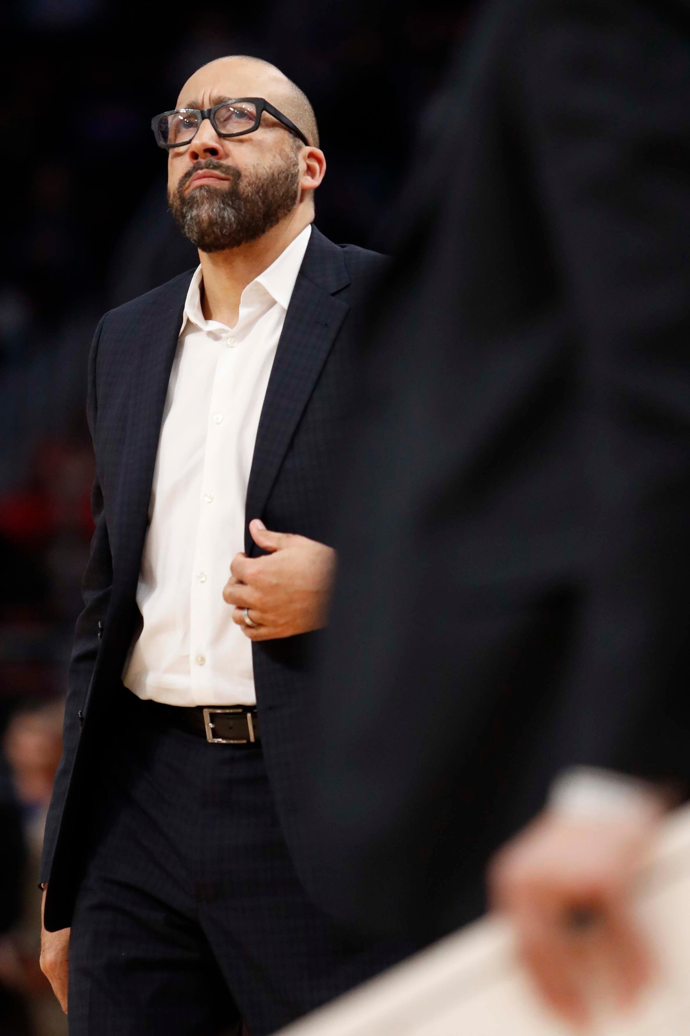 New York Knicks head coach David Fizdale looks up during the first quarter against the Detroit Pistons at Little Caesars Arena.