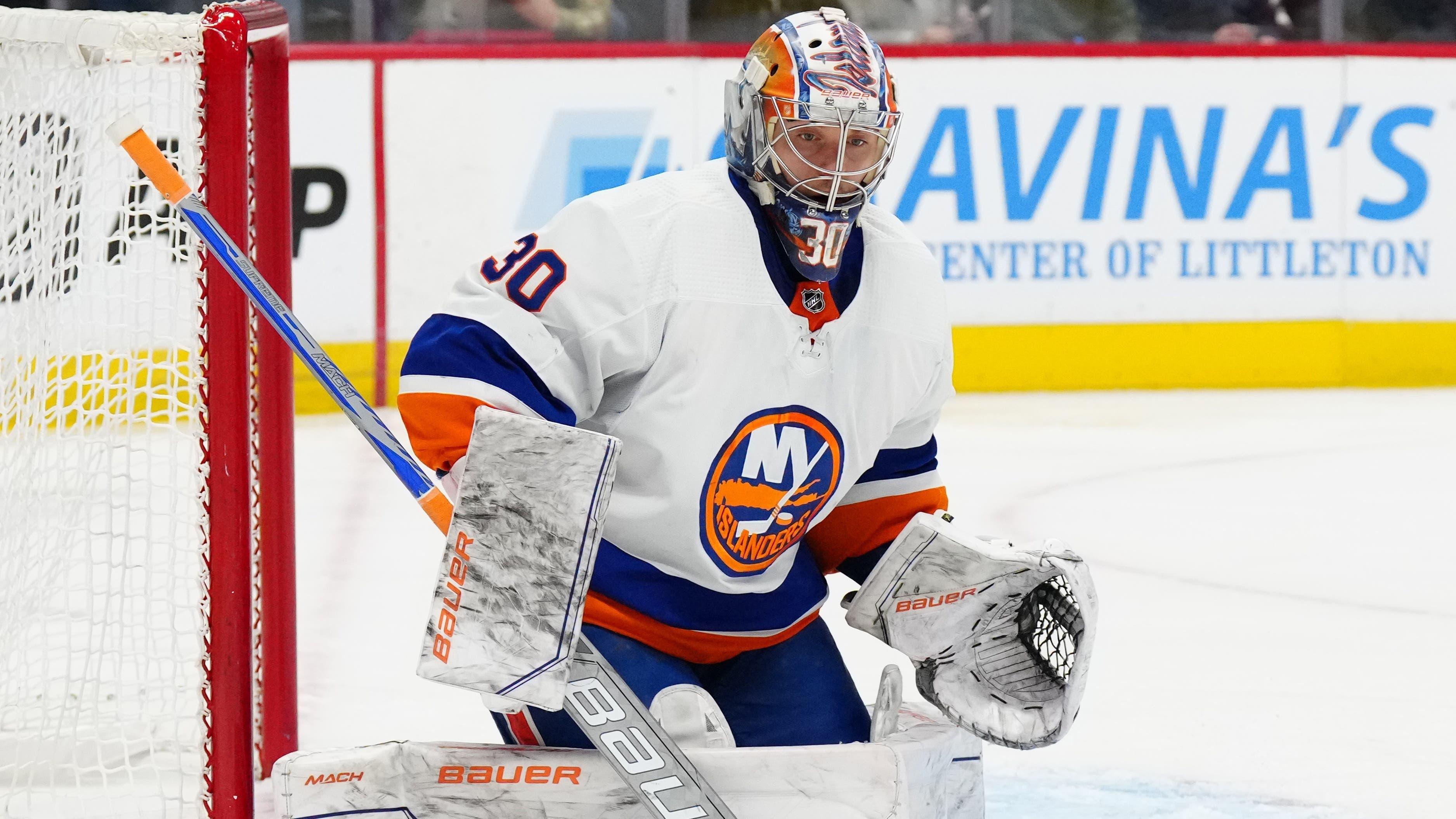 New York Islanders goaltender Ilya Sorokin (30) makes a pad save in the second period against the Colorado Avalanche at Ball Arena / Ron Chenoy - USA TODAY Sports