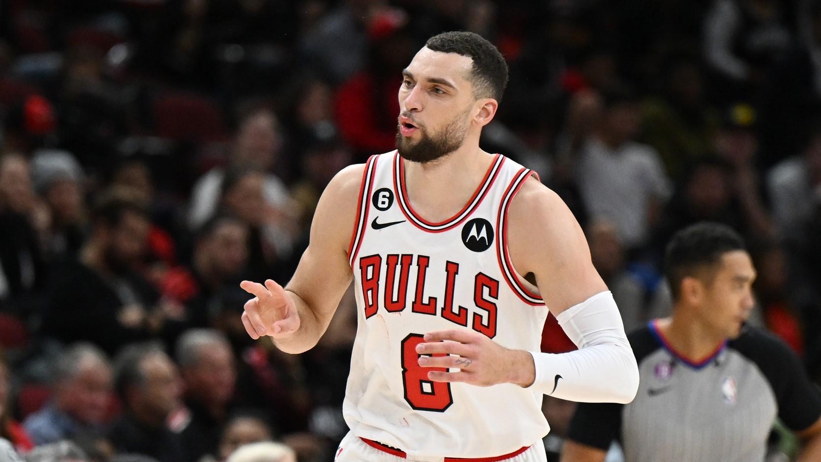 Jan 4, 2023; Chicago, Illinois, USA; Chicago Bulls guard Zach LaVine (8) reacts after scoring in the second half against the Brooklyn Nets at United Center. / Quinn Harris-USA TODAY Sports