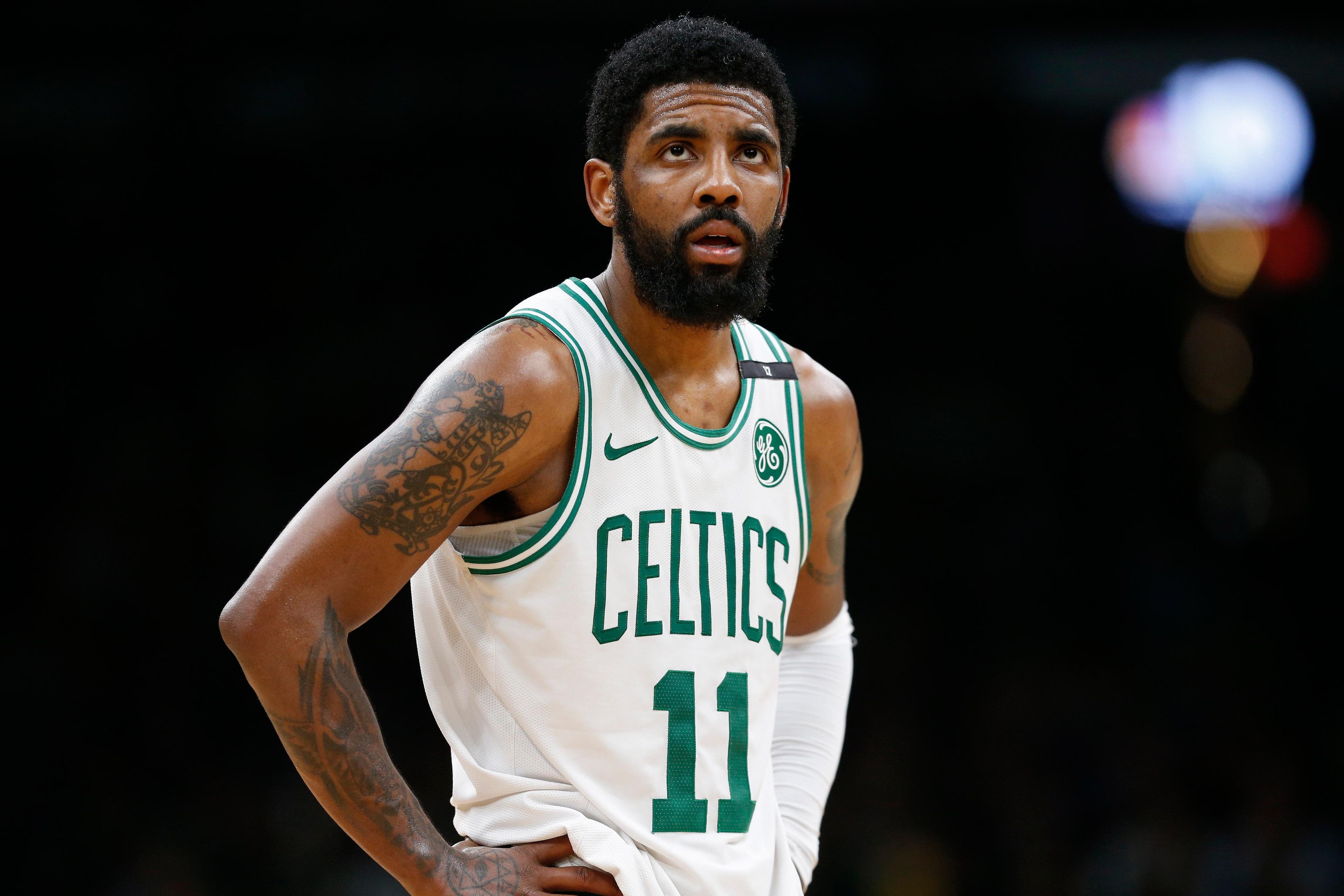 May 6, 2019; Boston, MA, USA; Boston Celtics guard Kyrie Irving (11) reacts during the second half in game four of the second round of the 2019 NBA Playoffs against the Milwaukee Bucks at TD Garden. Mandatory Credit: Greg M. Cooper-USA TODAY Sports / Greg M. Cooper