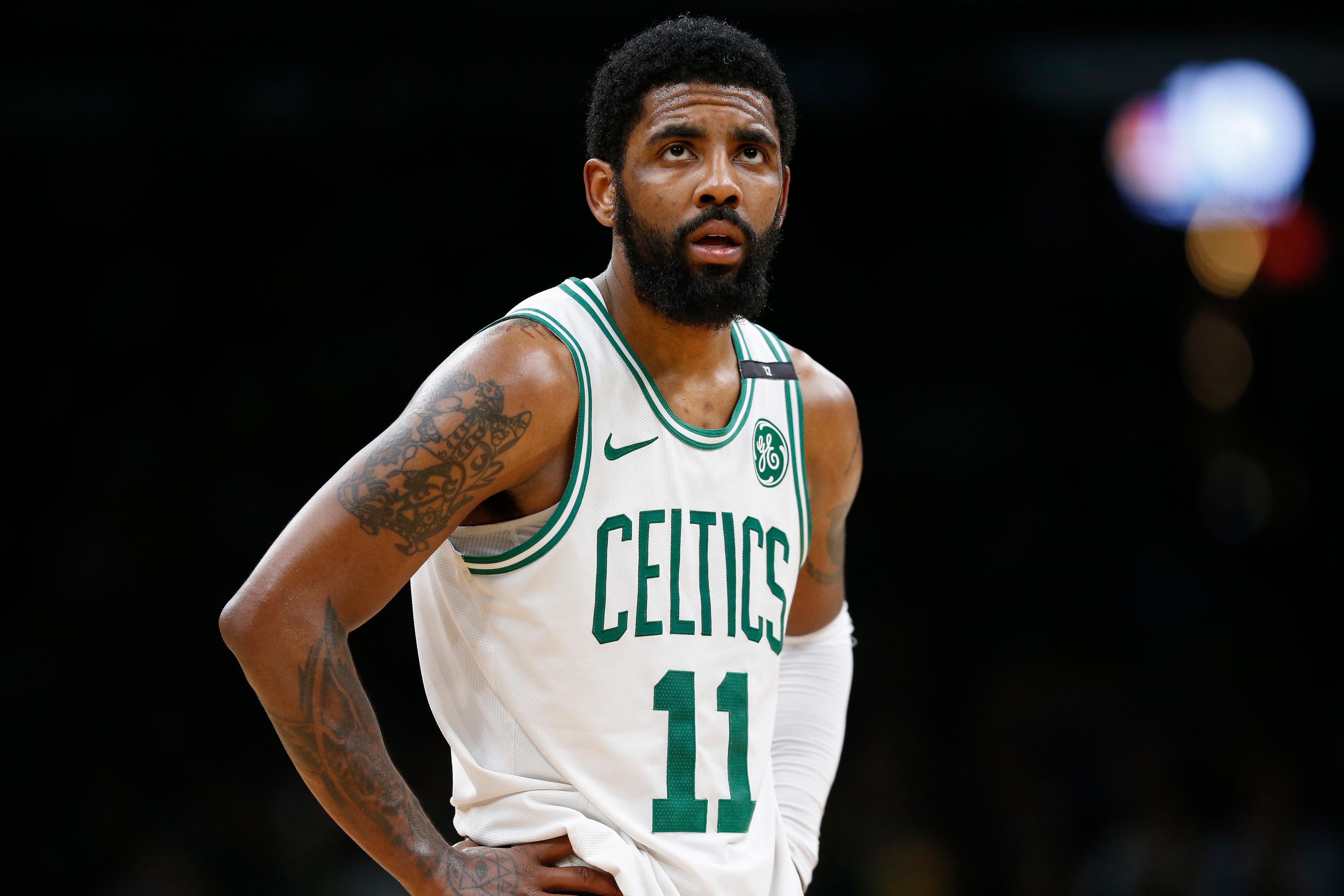 May 6, 2019; Boston, MA, USA; Boston Celtics guard Kyrie Irving (11) reacts during the second half in game four of the second round of the 2019 NBA Playoffs against the Milwaukee Bucks at TD Garden. Mandatory Credit: Greg M. Cooper-USA TODAY Sports