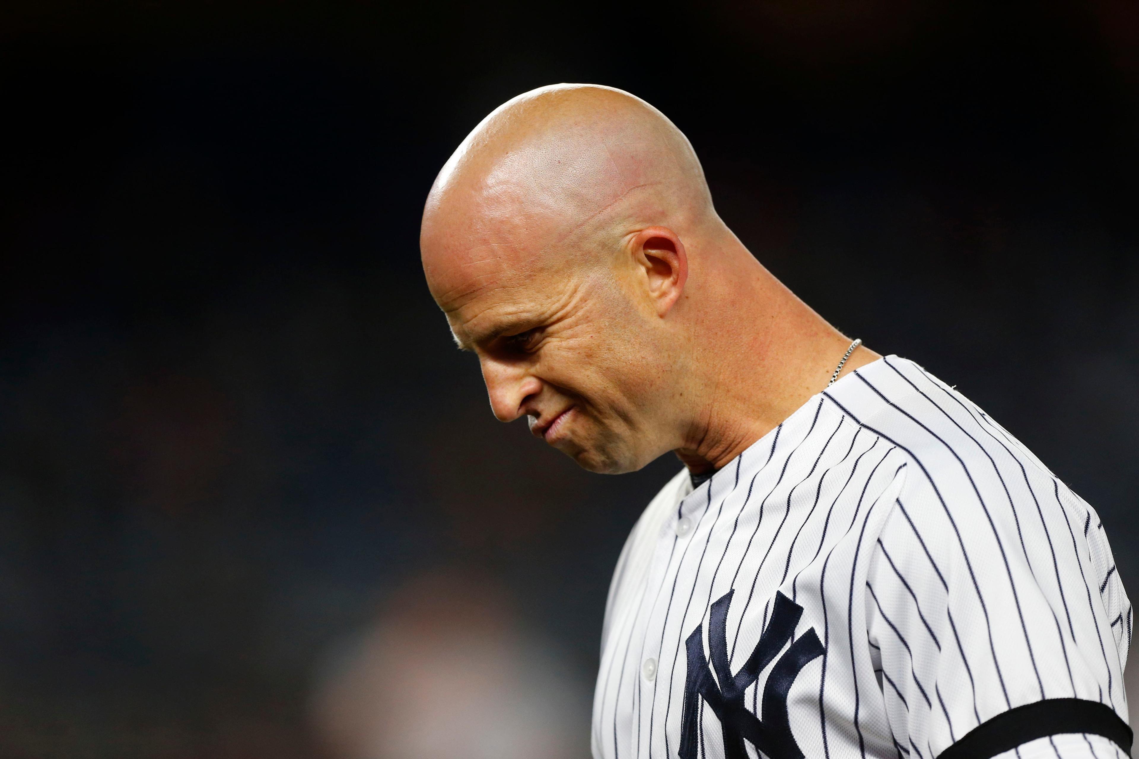 Apr 2, 2019; Bronx, NY, USA; New York Yankees left fielder Brett Gardner (11) reacts after making an out against the Detroit Tigers in the fifth inning at Yankee Stadium. Mandatory Credit: Noah K. Murray-USA TODAY Sports / Noah K. Murray