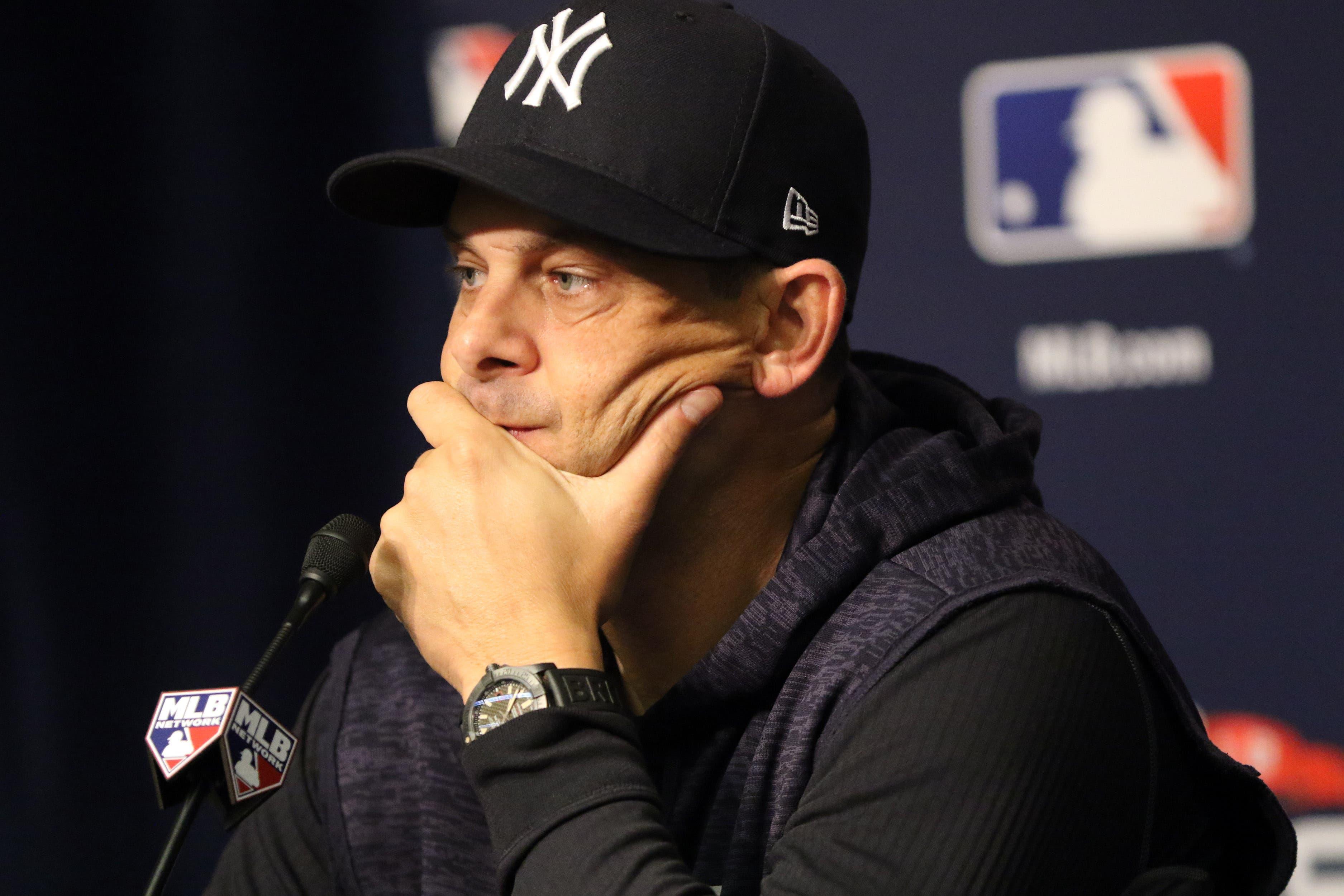 New York Yankees manager Aaron Boone addresses the media prior to Game 3 of the 2018 ALDS against the Boston Red Sox at Yankee Stadium. / Kevin R. Wexler/NorthJersey.com via USA TODAY Network