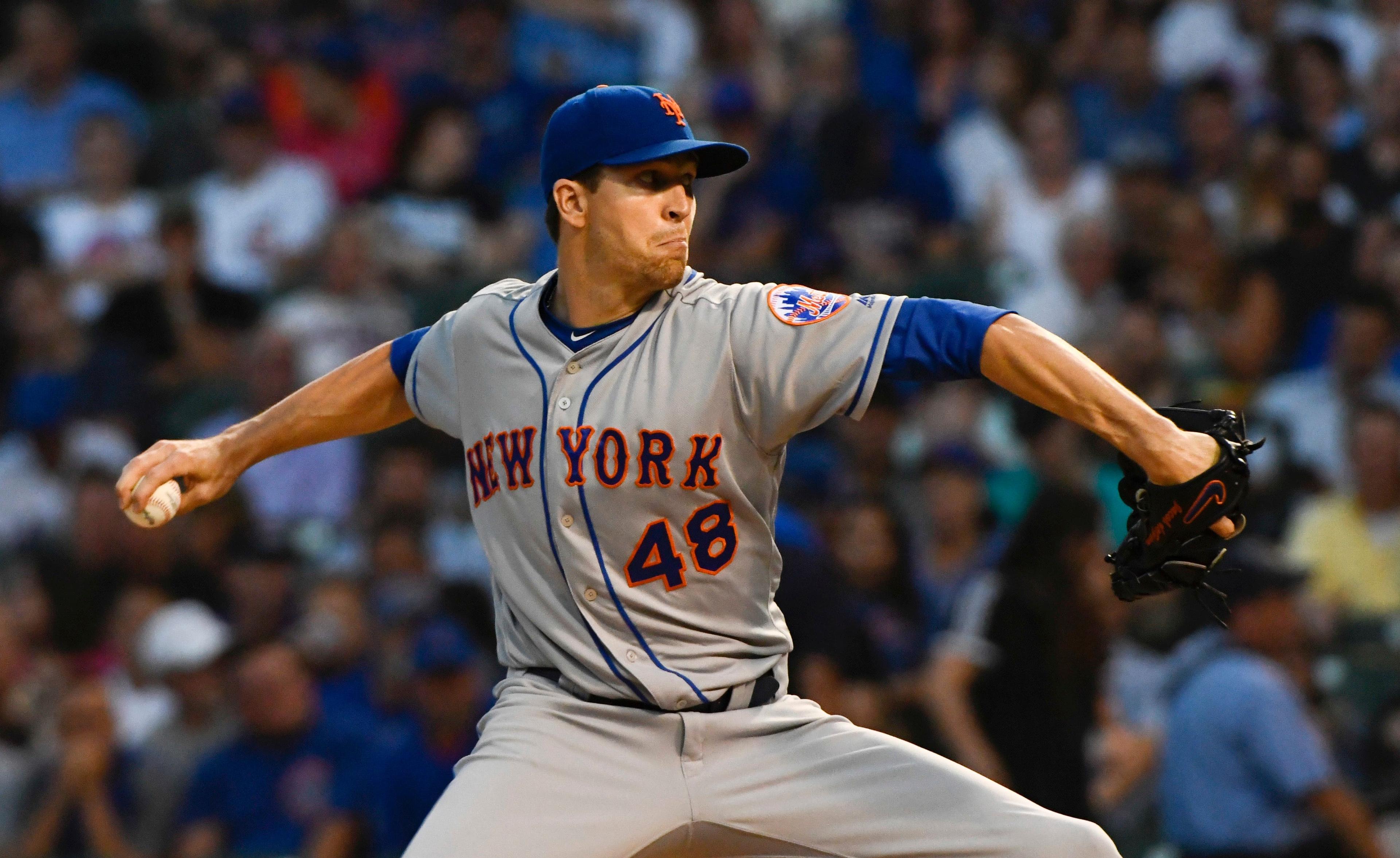 New York Mets starting pitcher Jacob deGrom (48) delivers during the first inning of a baseball game against the Chicago Cubs on Tuesday, Aug. 28, 2018, in Chicago. (AP Photo/Matt Marton) / AP